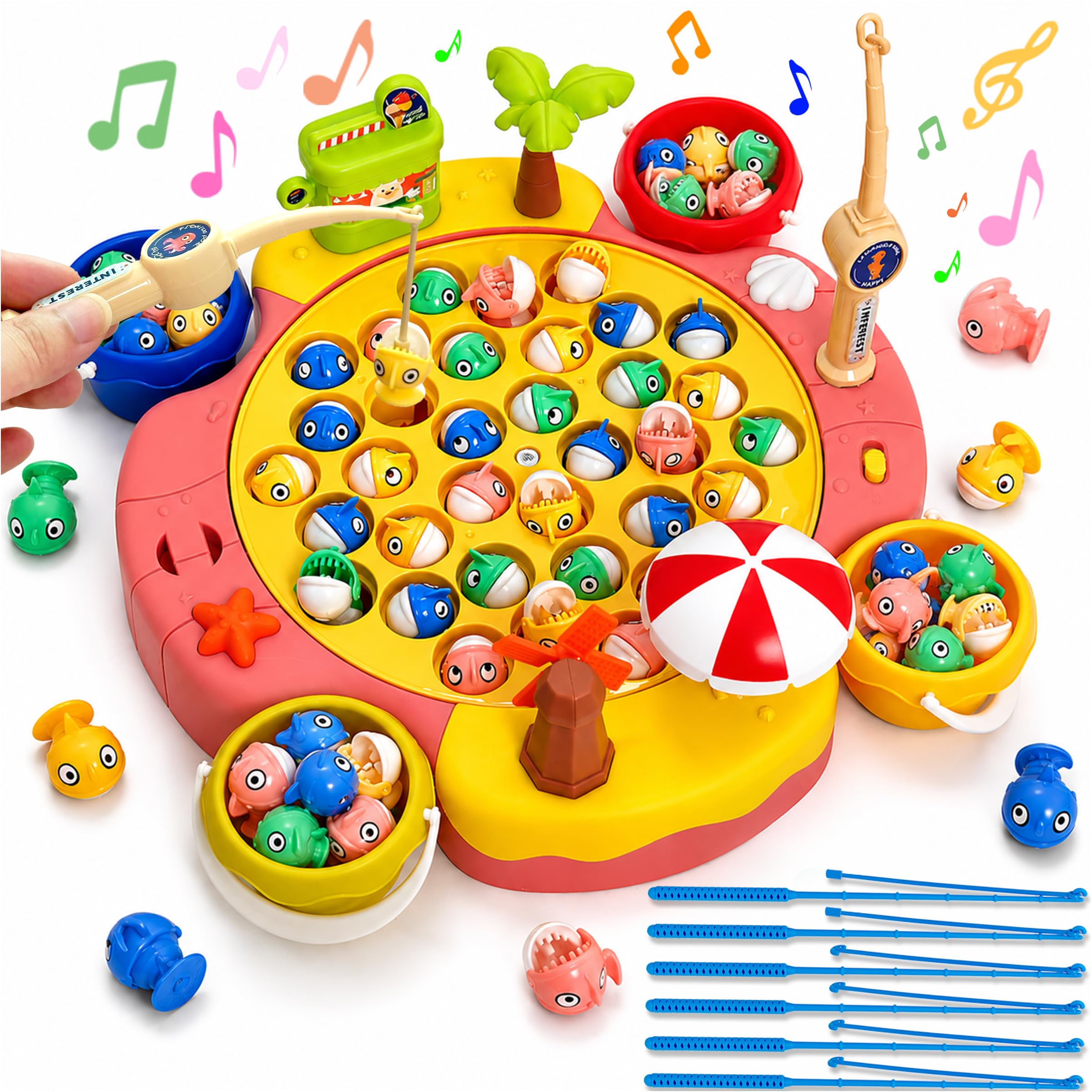 Gioco di Pesca Magnetica Elettrico 63Pcs, Set da 45 Pesci con 8 Canne e Musica, Giochi Educativi Rotanti per Bambini, Regalo di Compleanno e Natale 3-8 Anni Fishing Game