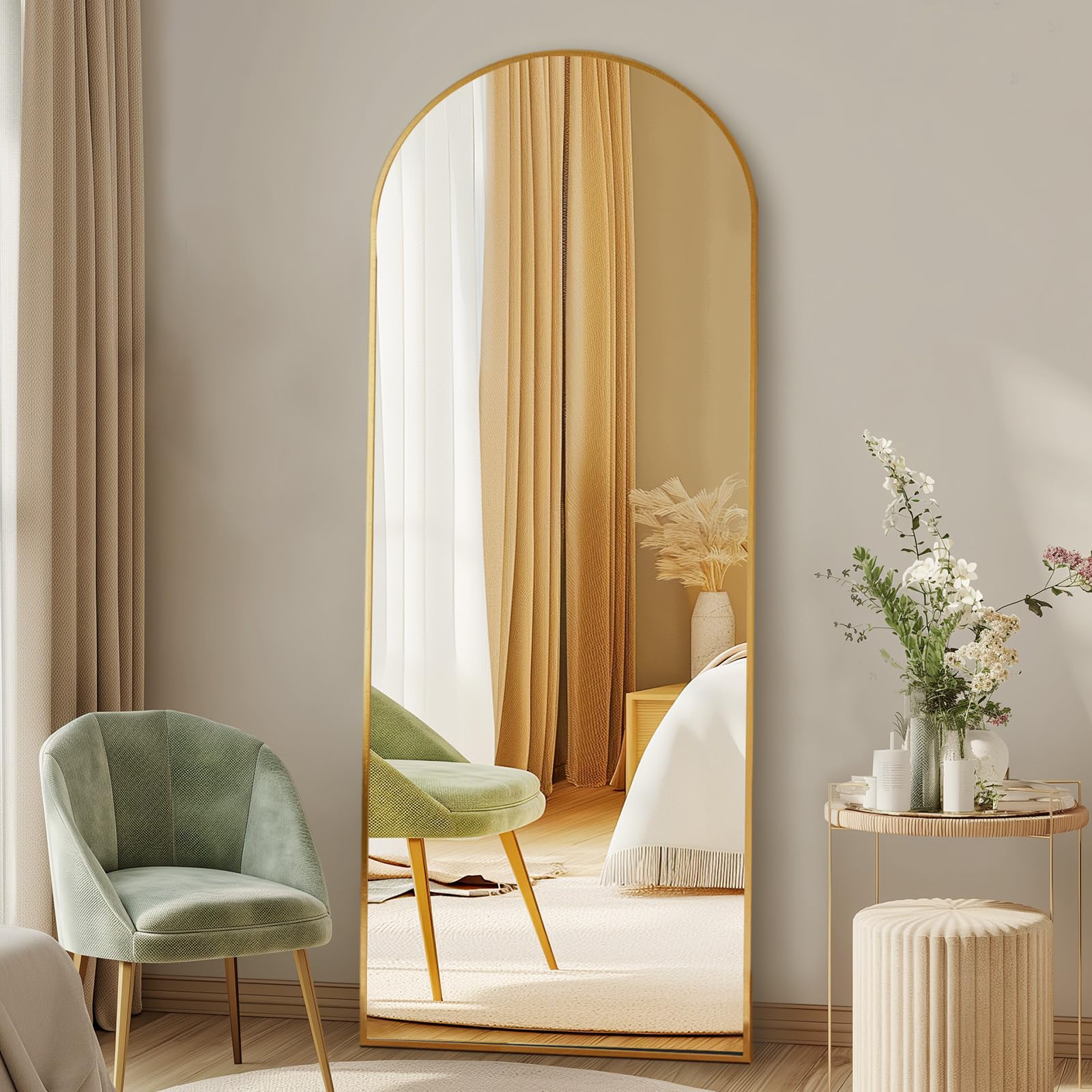 DUMOS 56"x15" Arched Full Length Mirror with Stand, Full Body Floor Mirror | Free Standing or Wall Mount, Nano Glass Aluminum Frame, Hanging or Leaning, Modern Simple Home Decor, Gold
