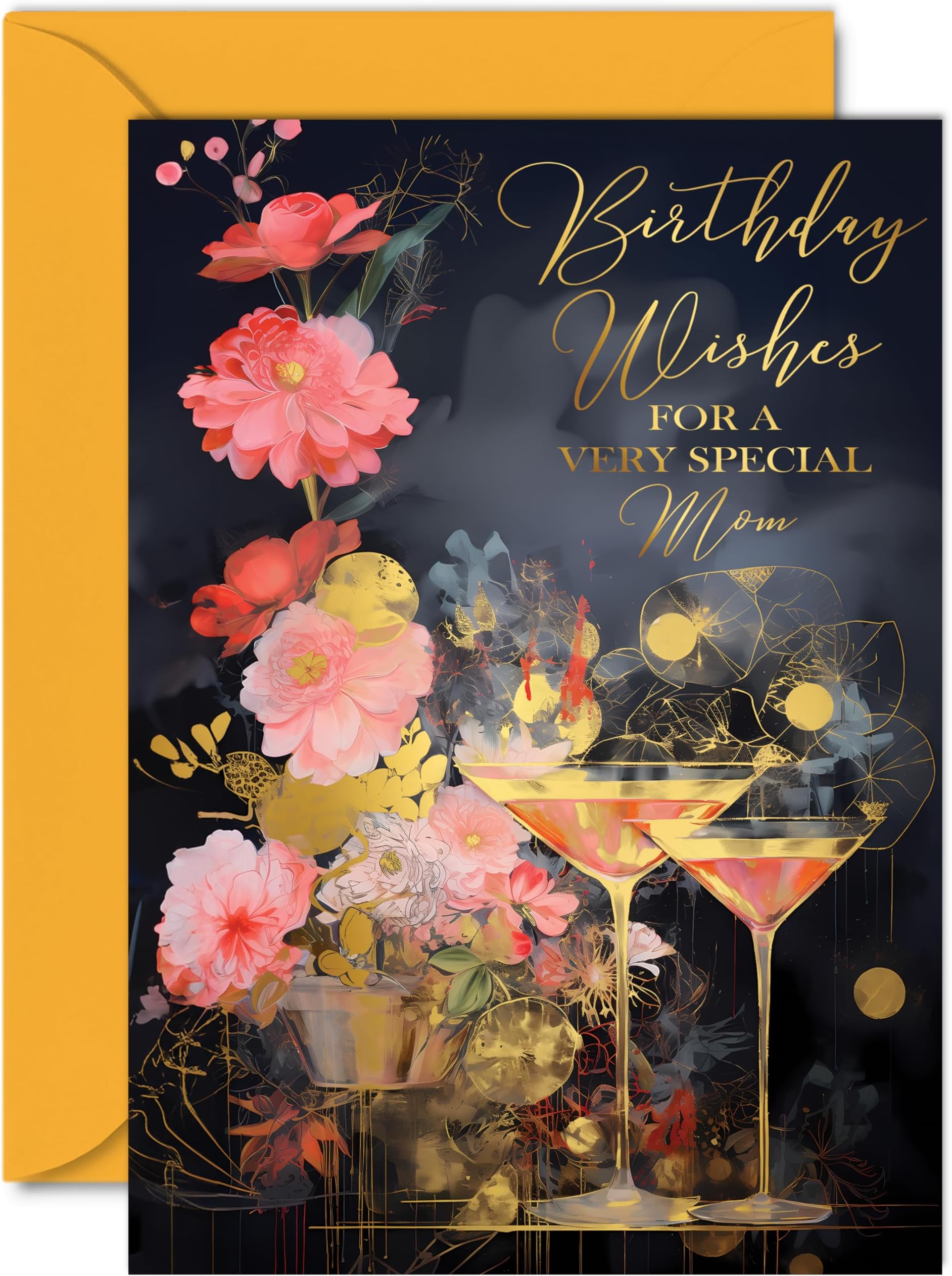 Beautiful Gold Birthday Cards for Mom - Wonderful Golden Cocktails - Elegant Traditional Pretty Birthday Card for Mom from Son Daughter, A5 Mother Gorgeous Greeting Cards Gift