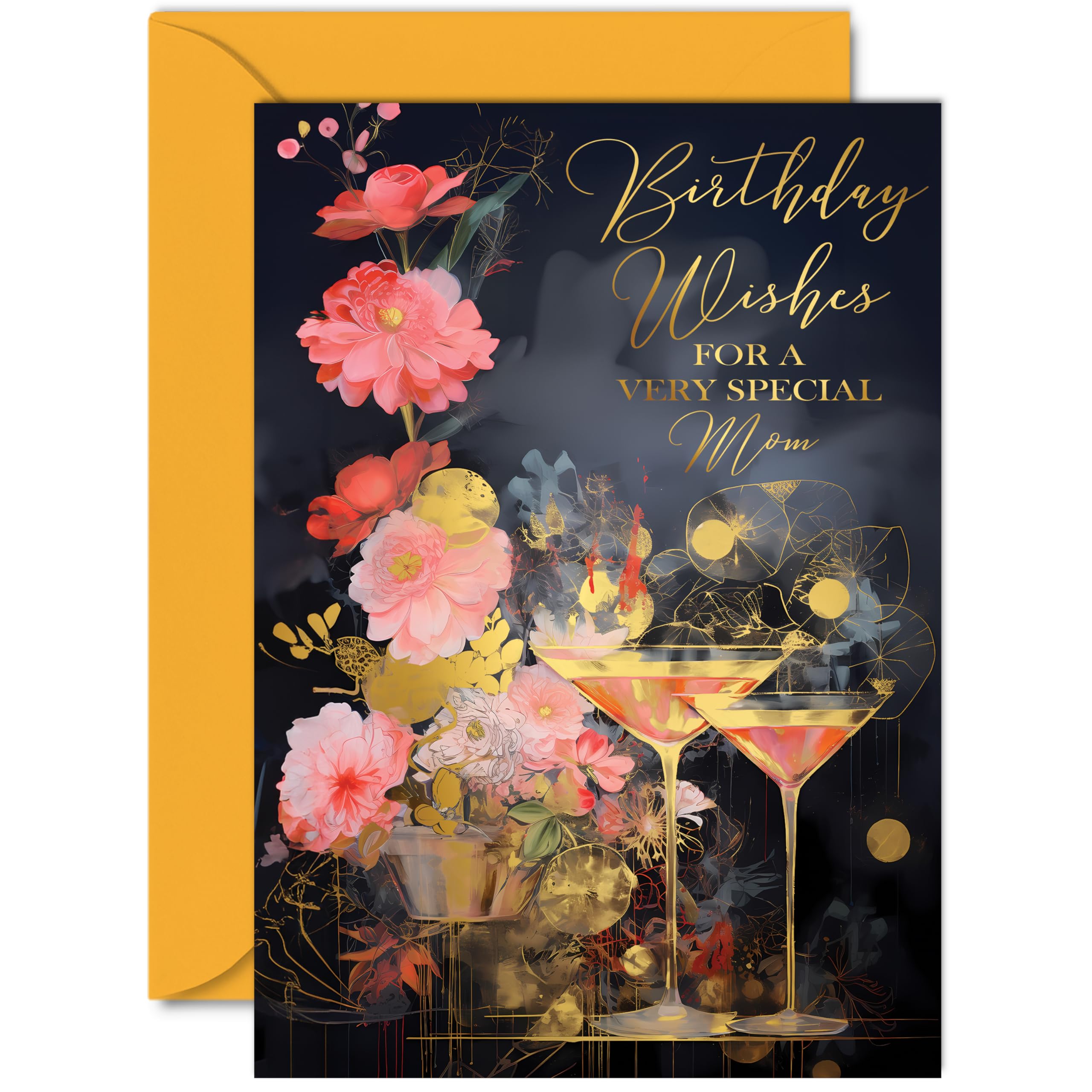 Beautiful Gold Birthday Cards for Mom - Wonderful Golden Cocktails - Elegant Traditional Pretty Birthday Card for Mom from Son Daughter, A5 Mother Gorgeous Greeting Cards Gift