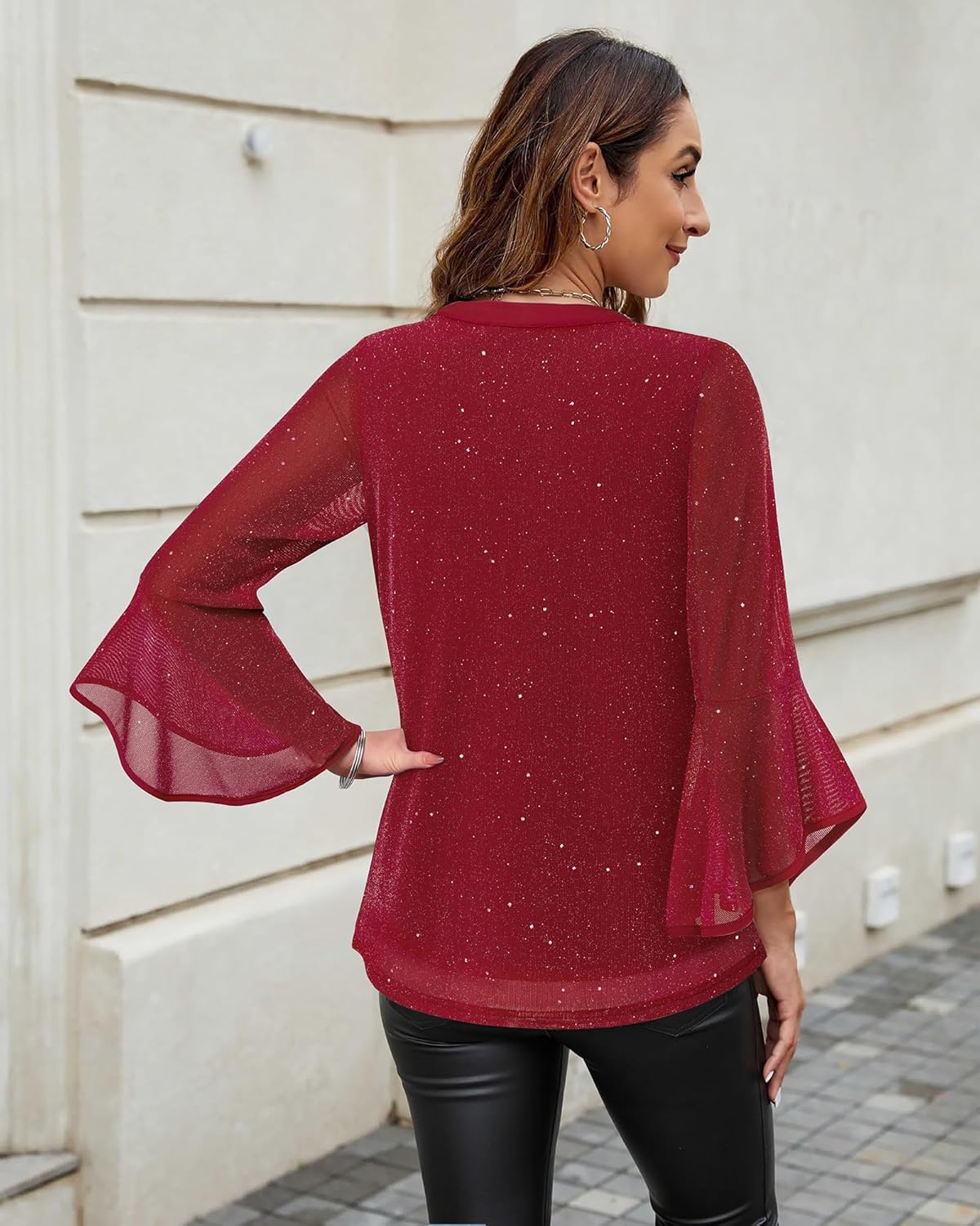 VALOLIA Women's 3/4 Sleeve Dressy Blouses Shirts Casual Loose Fit Mesh Layered Flowy Tunic Tops - Image 3