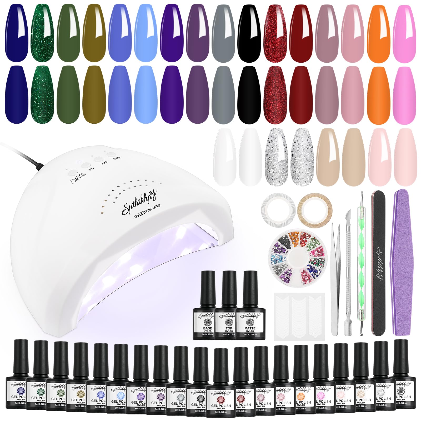 Kit Uñas Semipermanentes SPTHTHHPY 20 Colores Esmaltes con Lampara UV/LED 48W Kit Uñas de Gel Base y Top Coat Herramientas para Uñas Kit de Uñas para Principiantes Regalos para Mujeres