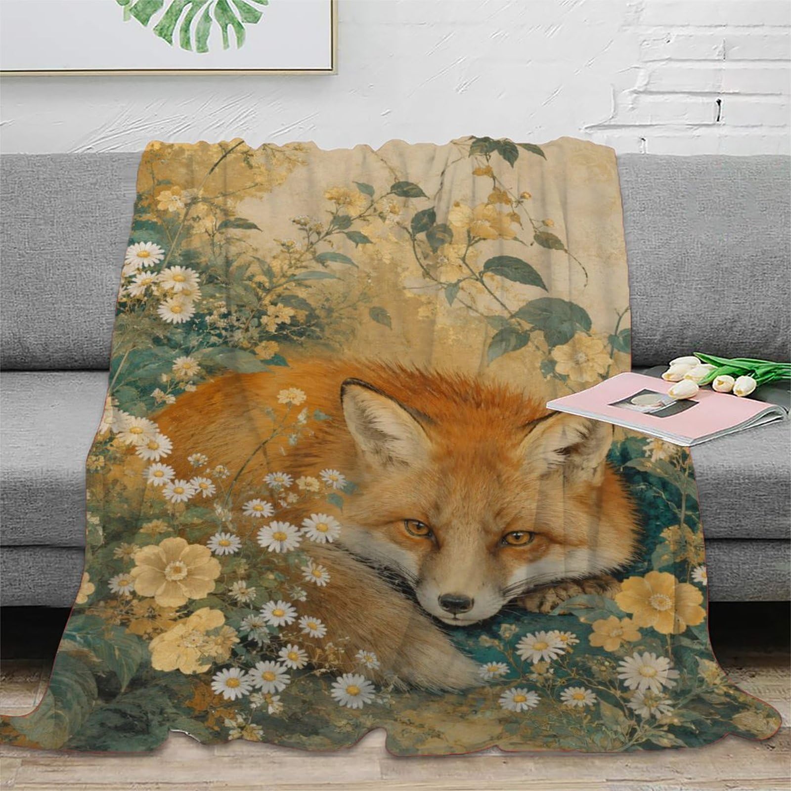 W7C8U2X3 Fox Floral Meadow Throw Blanket, Flannel, TV, Woodland Animal Art