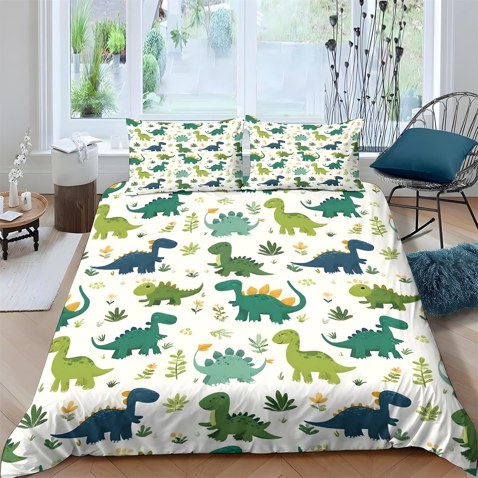 Ypthriline Single Duvet Cover Set Dinosaur Bedding Set Microfiber Blue-Green Duvet Covers with Pillowcases Reversible Bedding With Zipper Closure 135x200CM