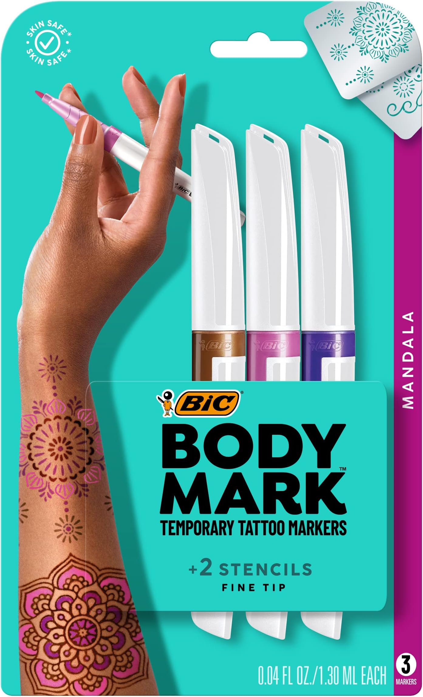 BIC BodyMark Temporary Tattoo Marker with Fine Tip, Mandala, Assorted Colors, Pack of 3 Markers + 3 Stencils