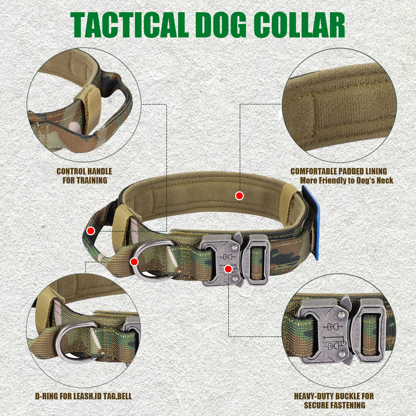 Collar táctico para perro, collar militar de nailon ajustable, hebilla de metal resistente con asa para entrenamiento de perros, con parches (M, camuflaje)