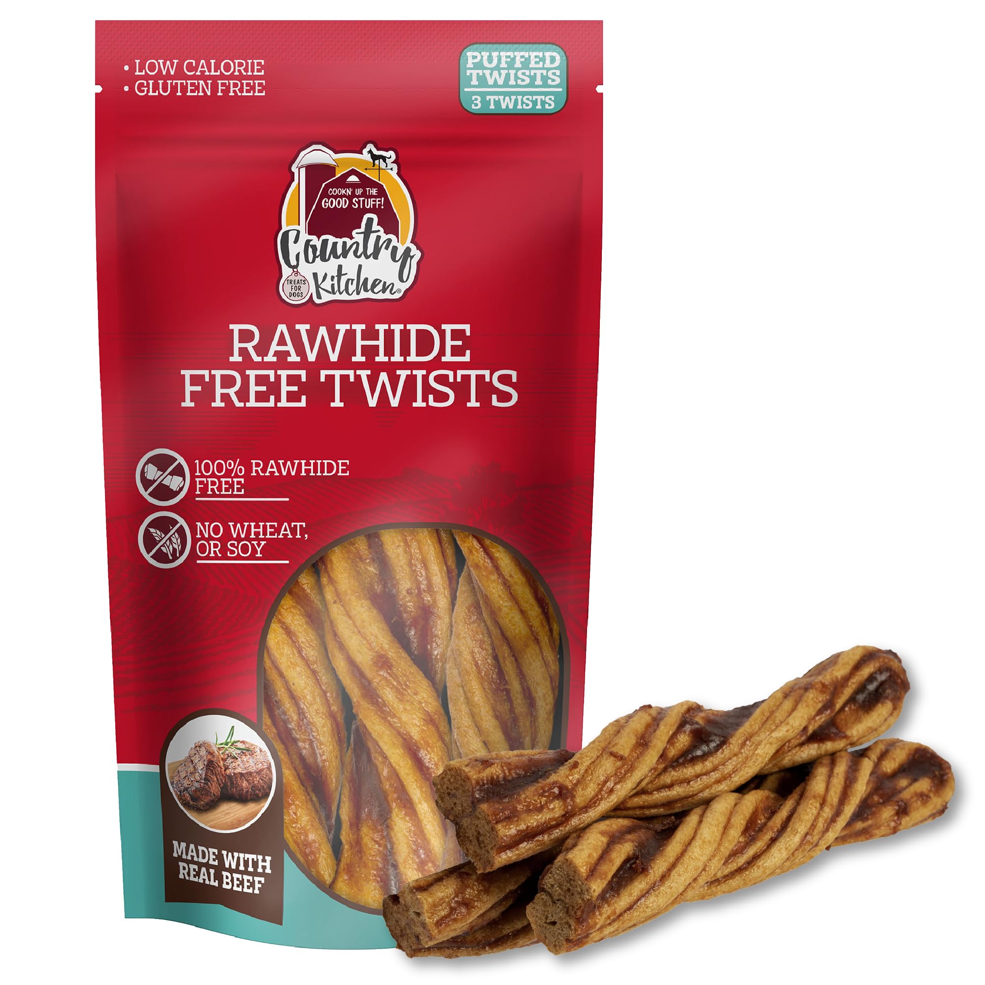 Country Kitchen Rawhide Free Twists Dog Chews, Made with Real Beef, 3 Count