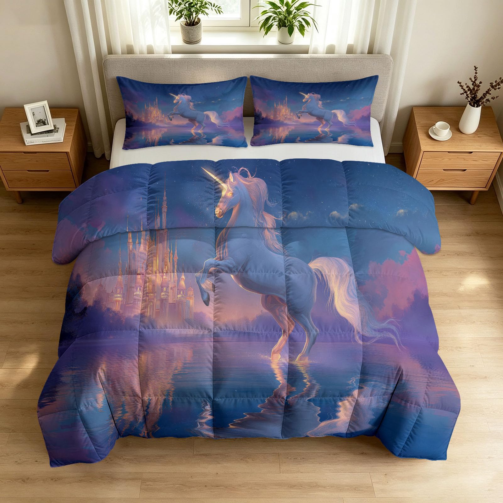 Coverless - Edredón de 7,5 tog de 135 x 200 cm, diseño de castillo de unicornio, cielo estrellado, individual, juego de edredón y funda de almohada de dibujos animados de fantasía supersuave, diseños