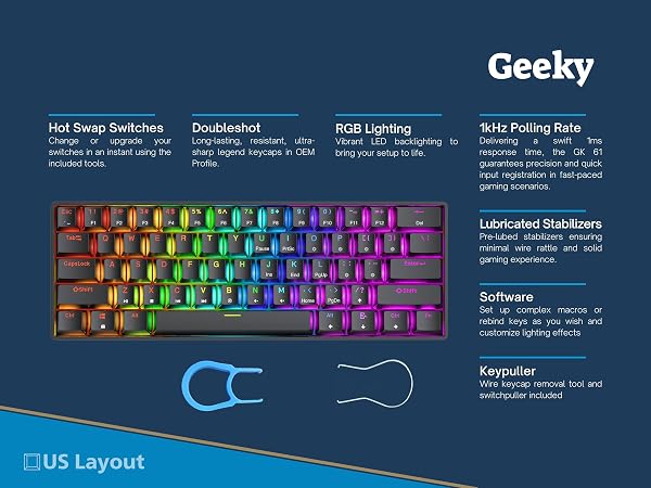 Geeky GK61 60% | Hot Swappable Mechanical Gaming Keyboard | 61 Keys Multi Color RGB LED Backlit for PC/Mac Gamer | ANSI US American Layout (Black, Mechanical Brown) - 2