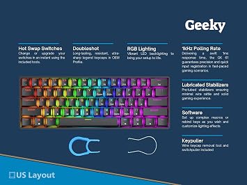 Geeky GK61 60% | Hot Swappable Mechanical Gaming Keyboard | 61 Keys Multicolor RGB LED Backlight for PC/Mac Gamers | ANSI US American Layout Black, Mechanical Speed Silver