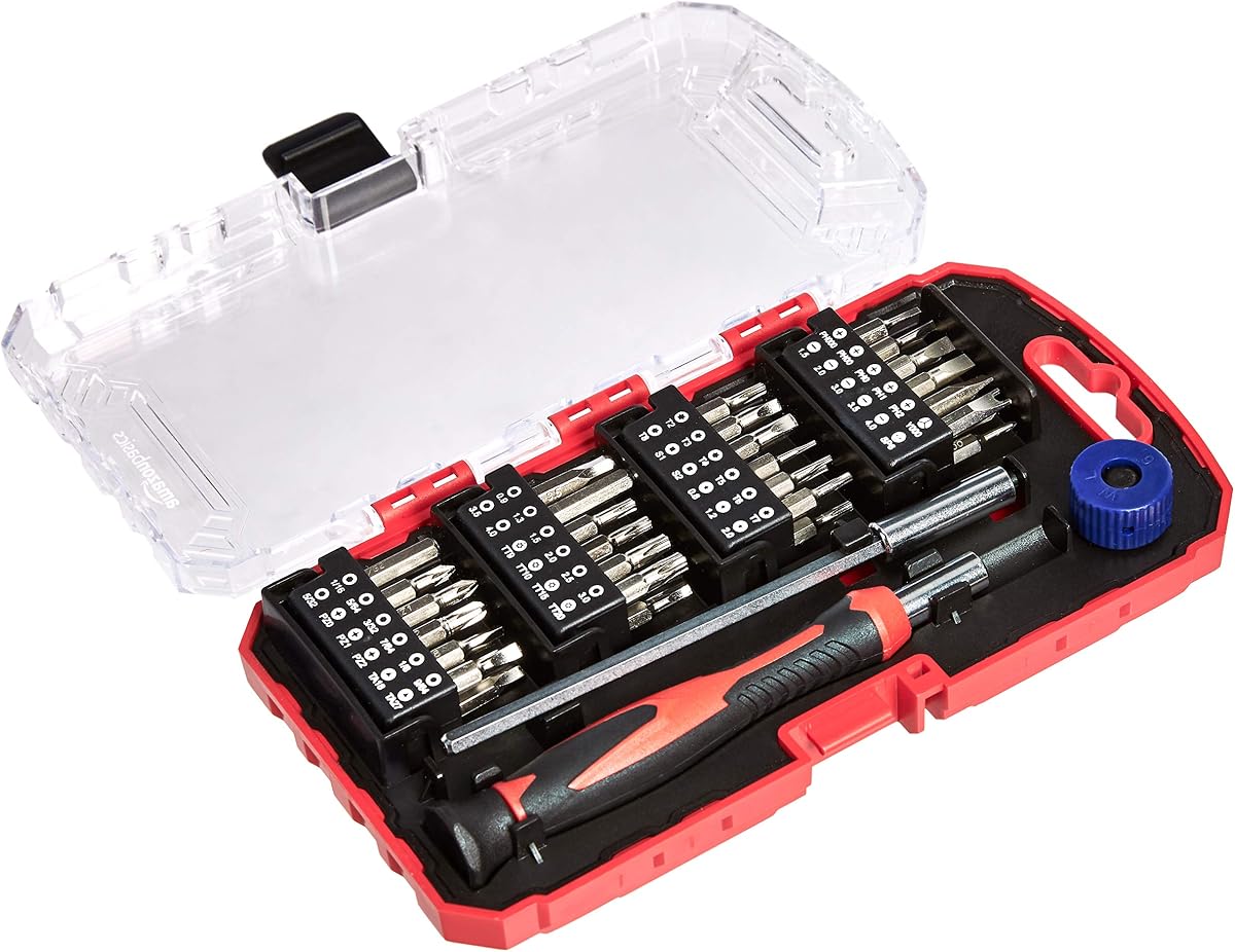 Amazon Basics 51-teiliges Präzisions-Schraubendreher-Bit-Set, Mikro-Reparatur-Set mit Torx-, Tri-Wing-, Hex- und Phillips-Bits, Magnetisches Etui für Laptops, Smartphones, Uhren und Kleine Elektronik