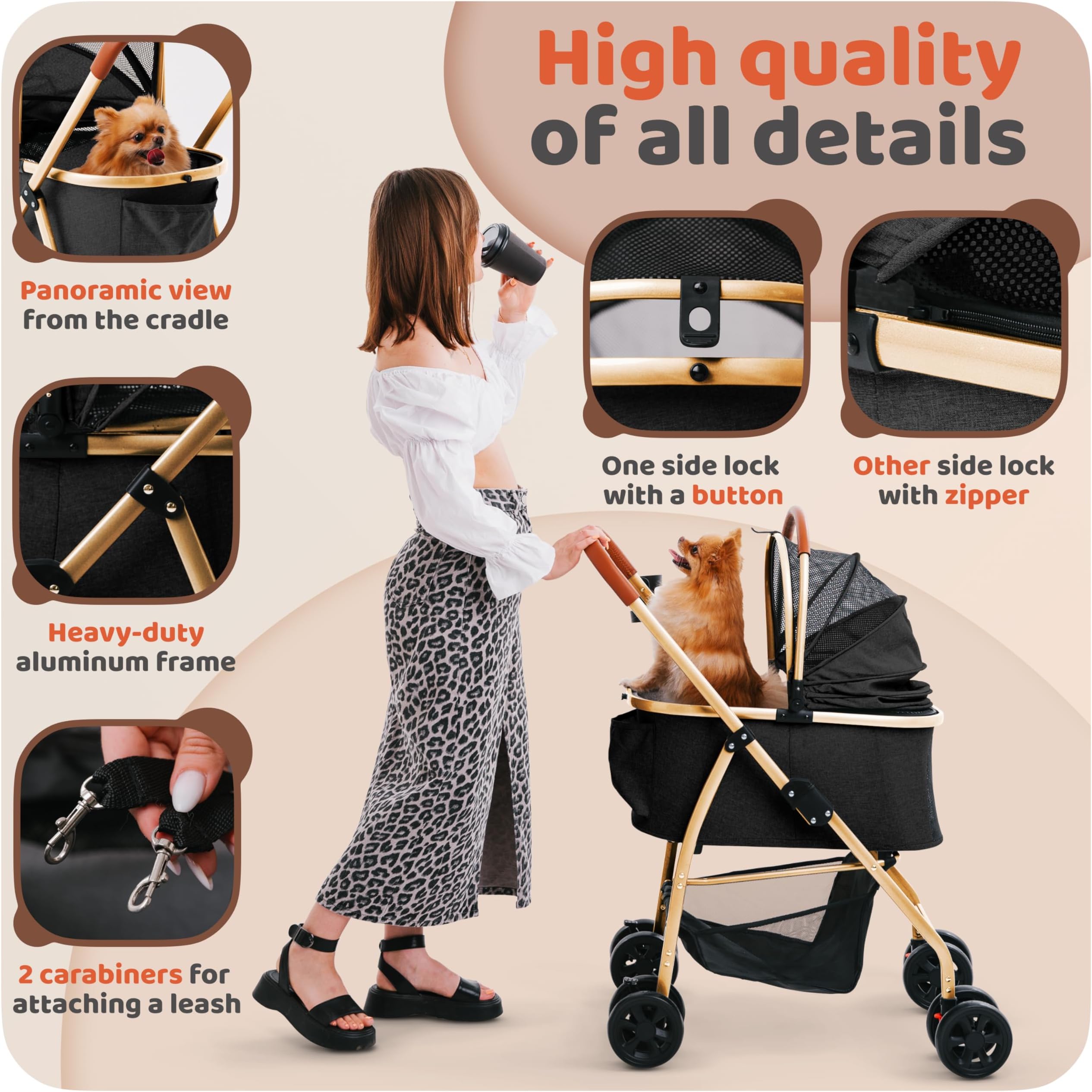 Dog Stroller, Pet Stroller, Cat Stroller – Zipperless Entry, Easy Fold with Removable Liner, Storage Basket + Cup Holder