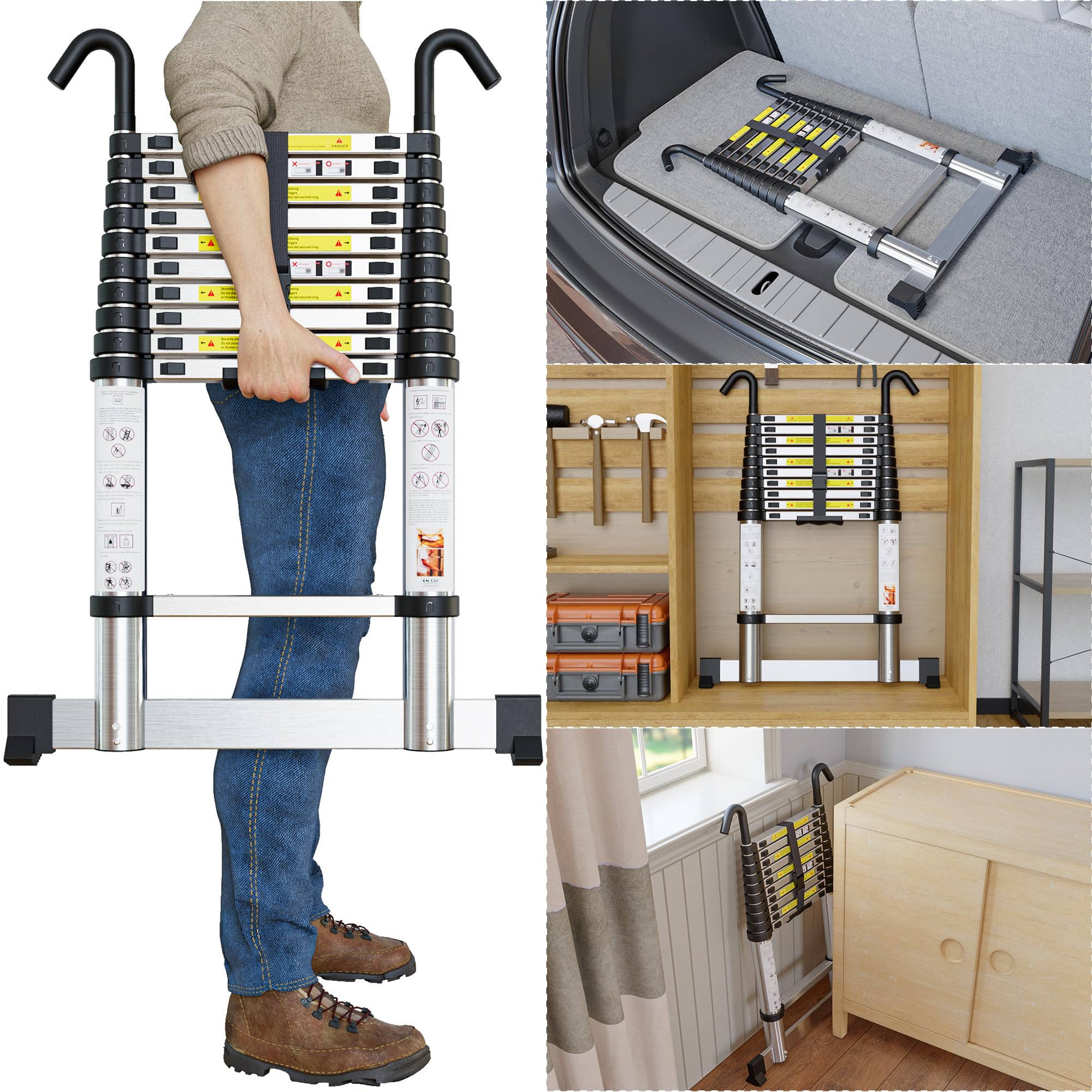 SIMPDIY 4,1M Teleskopleiter, Aluleiter ausziehbar mit Stabilisator, Leiter Ausziehbar mit Haken, 14 Sprossen, für Hause, Wohnmobil und Freien, Tragkraft 150 kg
