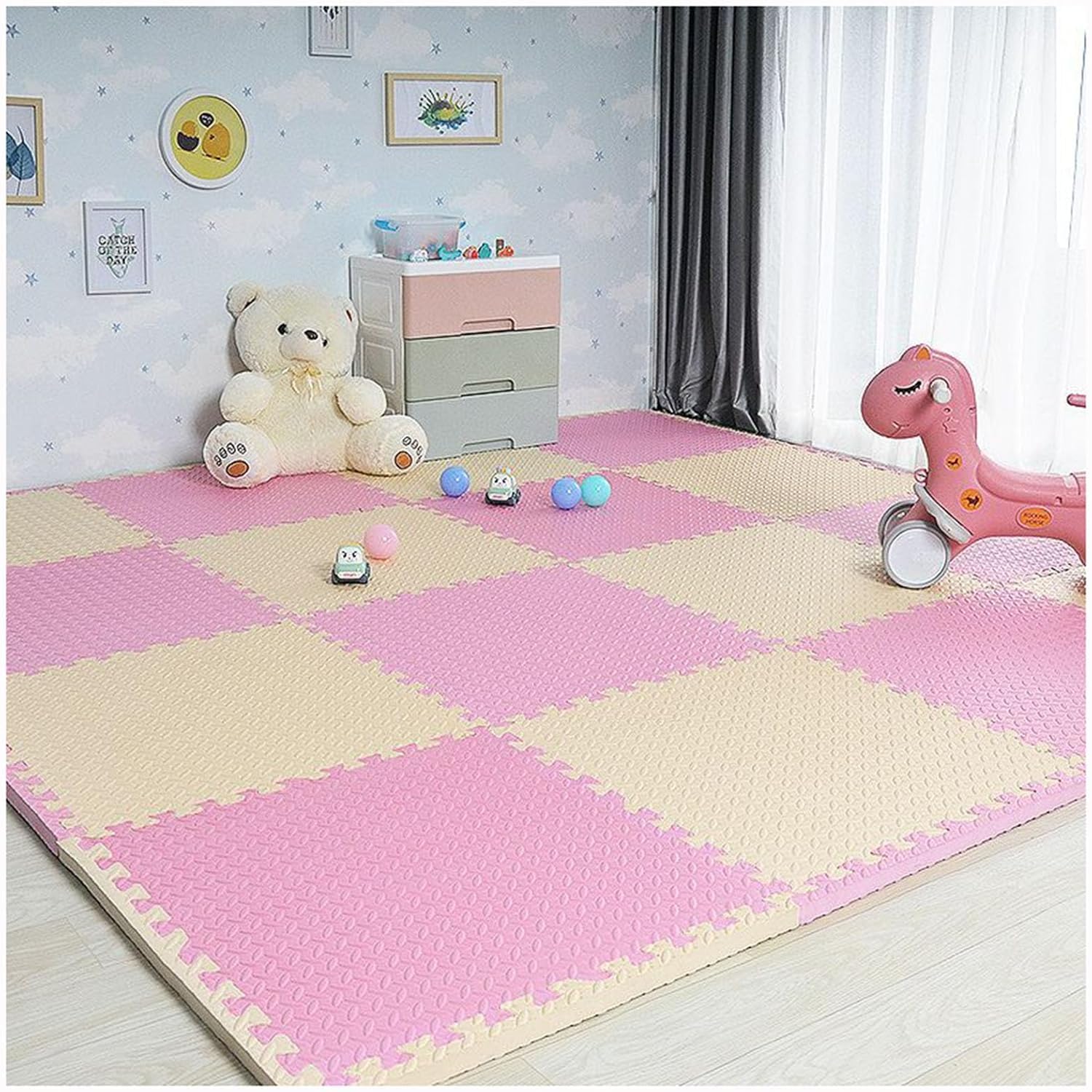 JvFbjLF 10 Pcs 30cm/60cm Foam Floor Tiles Square Interlocking Floor Mat DIY Puzzle Play Mat(Pink+Beige,24x24inch)
