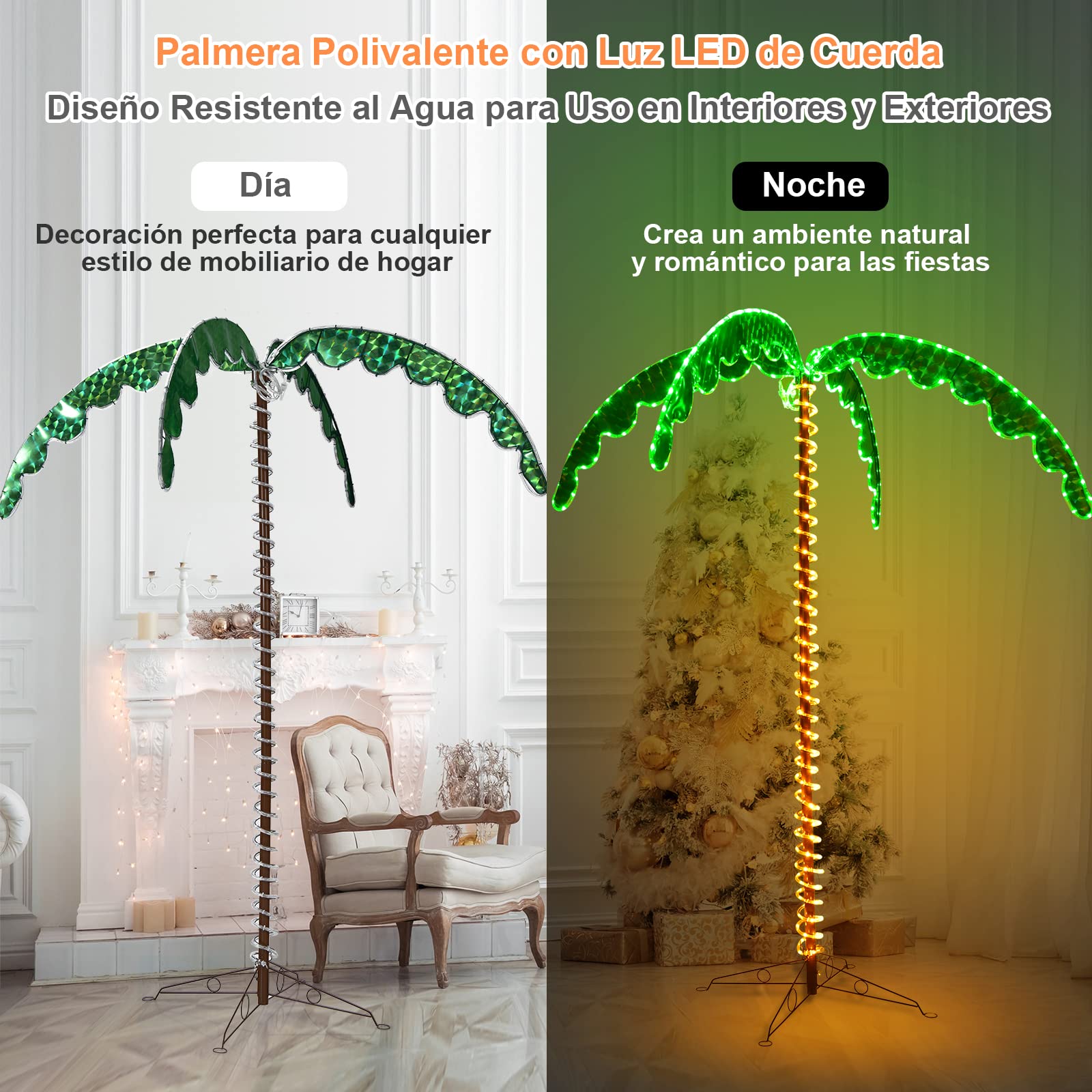 COSTWAY Palmera Tropical LED 136/138 cm, Palmera Artificial con Luces LED y Palos Sólidos, Palmera Iluminada con Base Plegable, Palmera Decorativa para Casa Fiestas y Navidad (175 x 120 x 218 cm)