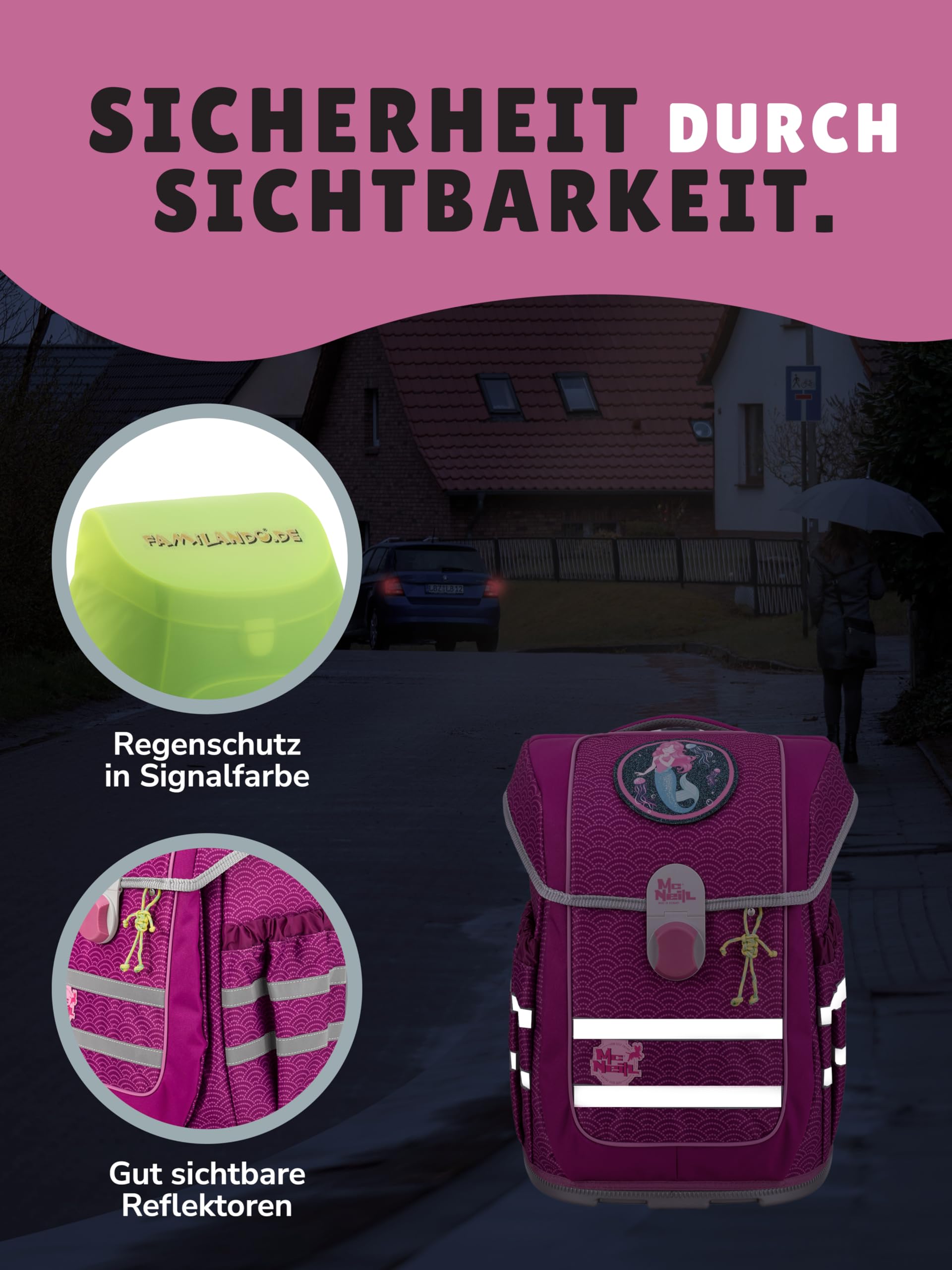 Familando - McNeill ERGO COMPLETE Schulranzen Set - 9-teilig mit Schultüte - Meerjungfrau - Ergonomisch & 3-fach verstellbar - 1150g leicht mit 20L Volumen & Reflektoren - aus recyceltem Ocean Plastic