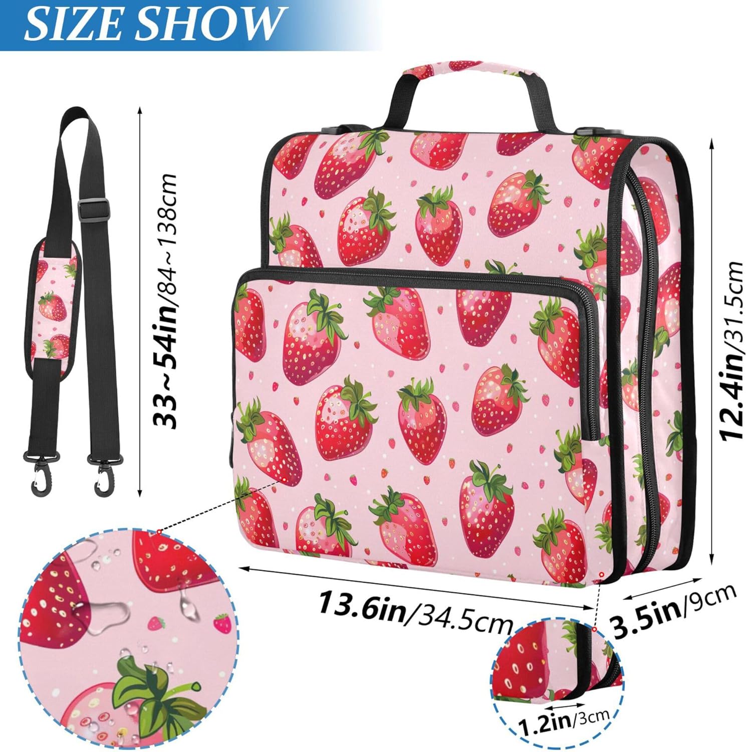 Cute Strawberry Zipper Binder 3 Ring with Shoulder Strap, Multiple Pockets Expanding File Folder Binder Bag Organizer