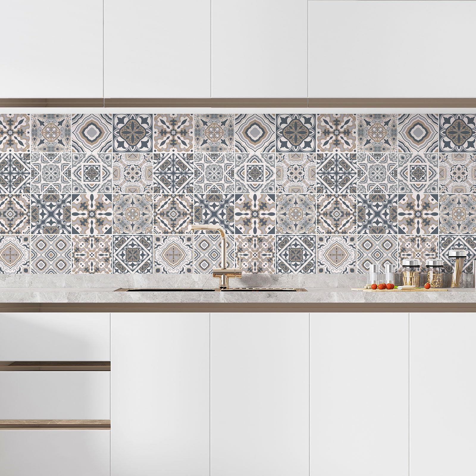 Lumalea Adesivo per cucina, effetto piastrelle di cemento, 3617681487975, adesivo + protezione opaca, 90 x 90 cm