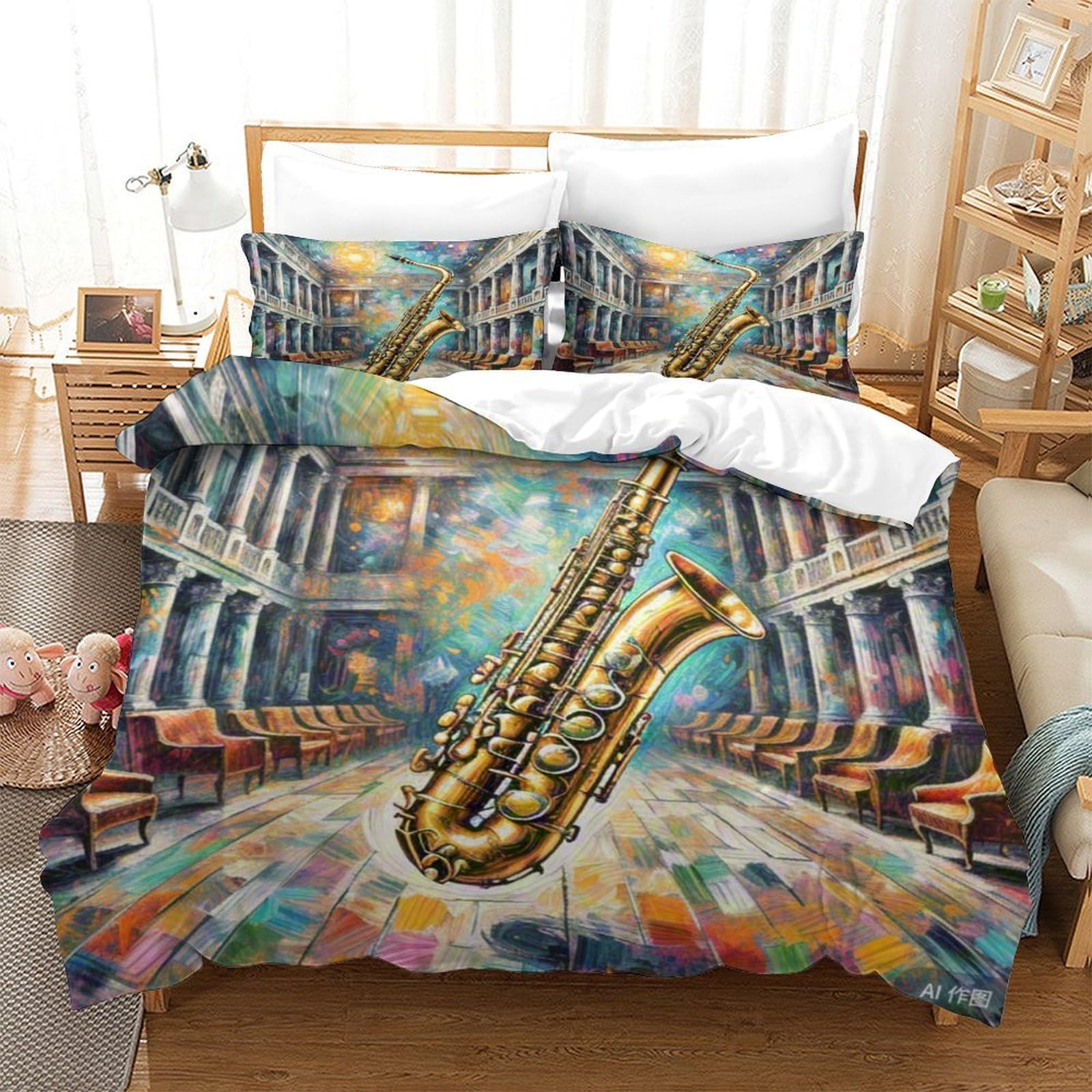 Housse de couette saxophone 140x200 en microfibre douce : fini la couette qui glisse
