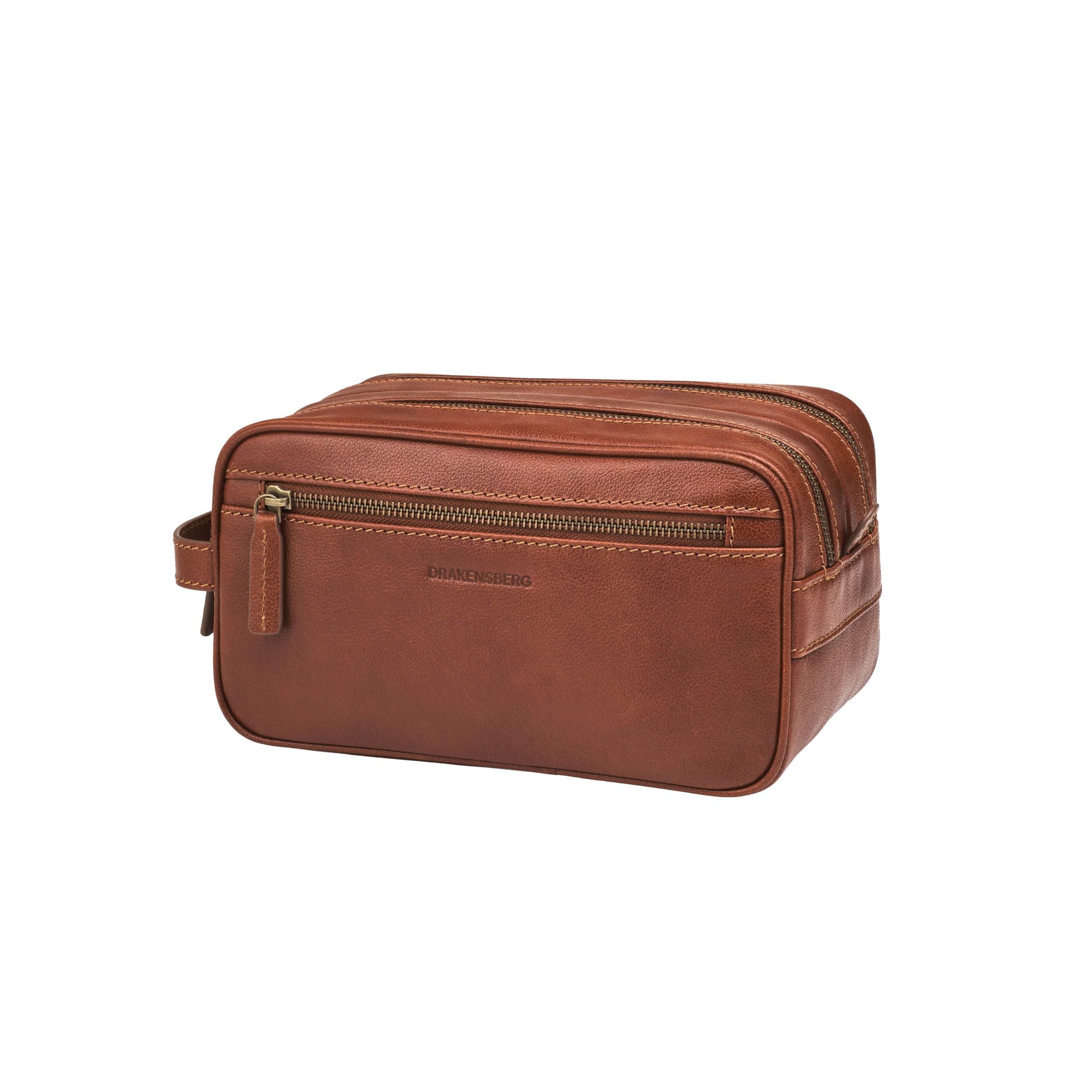 DRAKENSBERG Beauty case in pelle 'Enrico', marrone castagno, 5L, 2 scomparti con cerniera, trousse da uomo