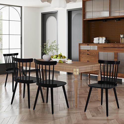 Miniatura 8 de Windsor - Juego de 4 sillas de comedor de madera maciza estilo granja, silla de cocina sin brazos moderna de mediados de siglo, color negro, para