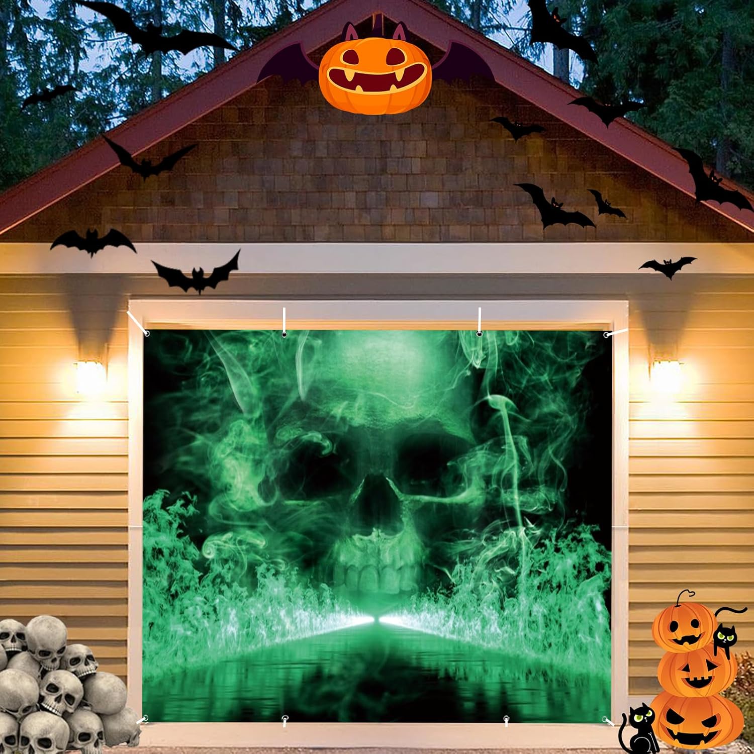 Halloween Garage Door Cover Decorations Backdrop 7x8ft Outdoor Single Garage Door Banner Horror Skull Theme Party Decorations Cool Skull Fantasy Skeleton Green Photo Background Sign for Wall House Decor