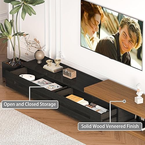 Miniatura 6 de Soporte de TV extensible de 82 a 110 pulgadas, consola multimedia reversible de madera con 2 cajones, moderno centro de entretenimiento para TV de
