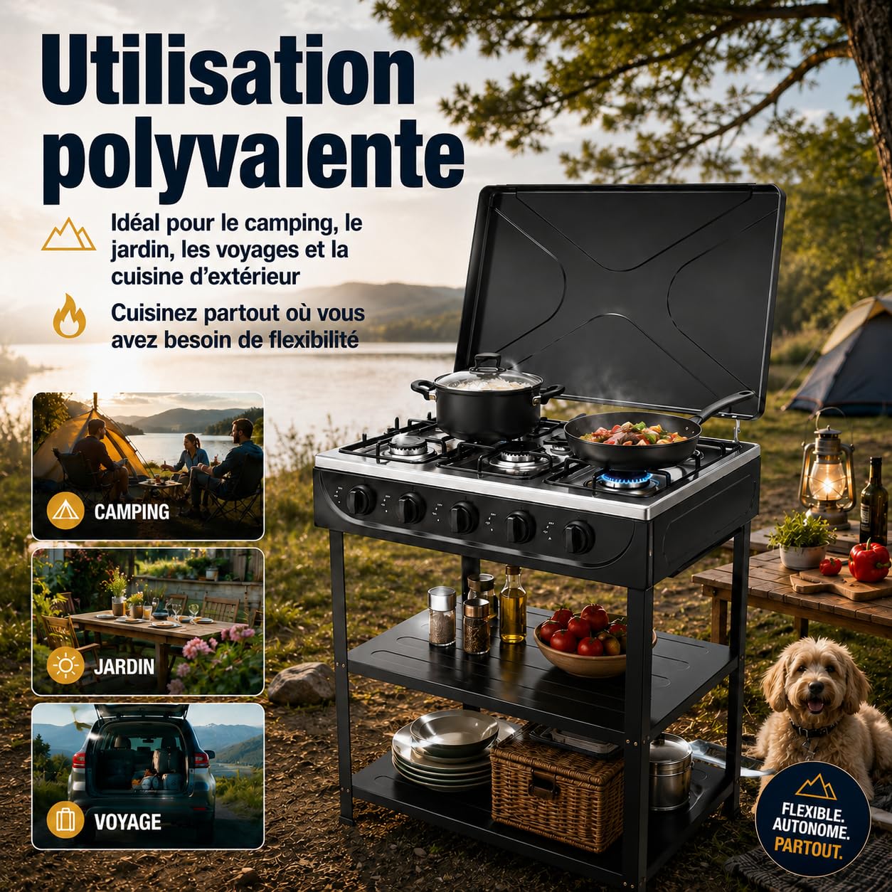 Plaque de cuisson à gaz 5 flammes, 2,5 kW, portable, pour le camping et la maison
