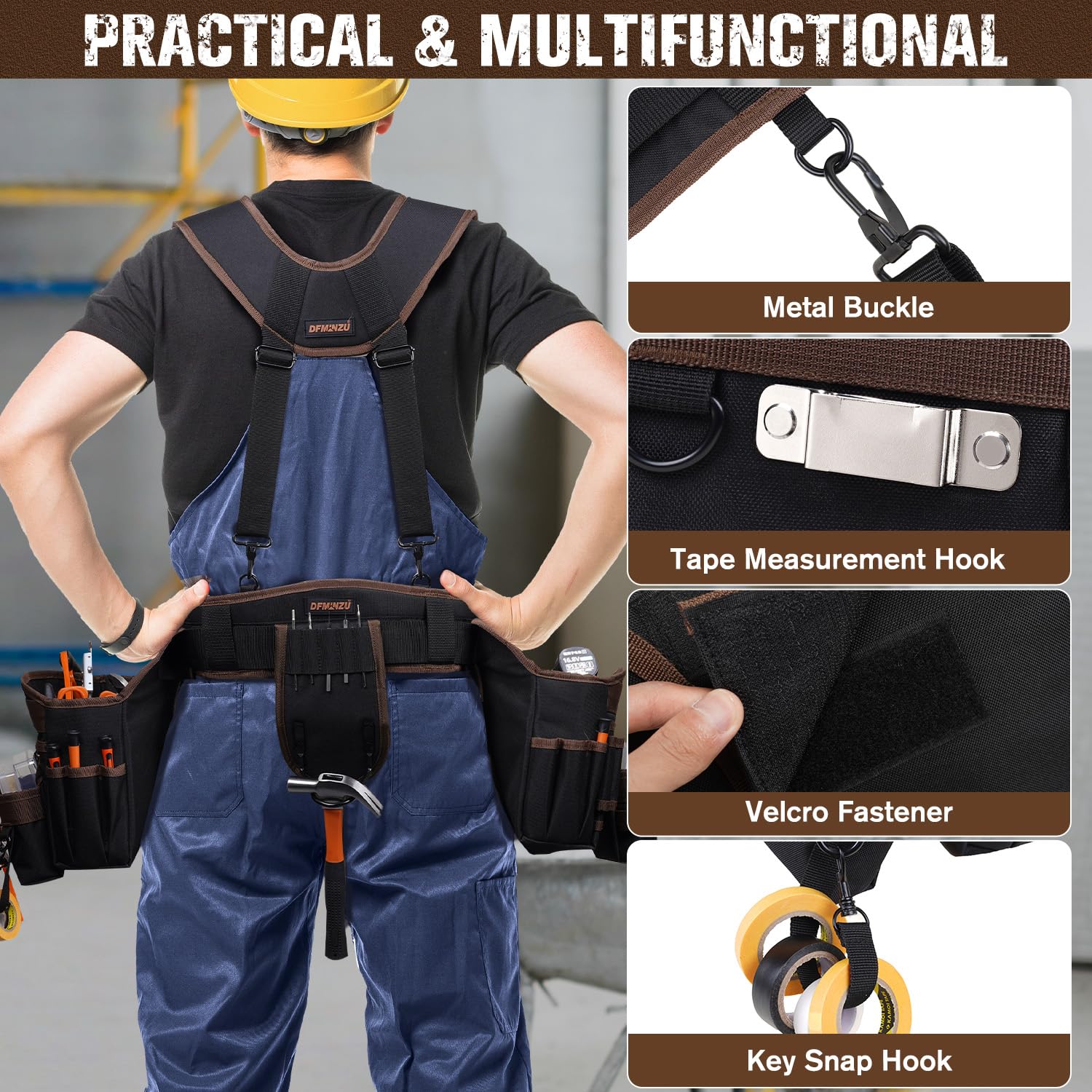 Cintura porta attrezzi da uomo, 36 tasche, cintura per attrezzi con bretelle, bretelle resistenti con tasche rimovibili e regolabili, per elettricisti, falegnami, edilizia, carpentieri (88,9 - 154,9