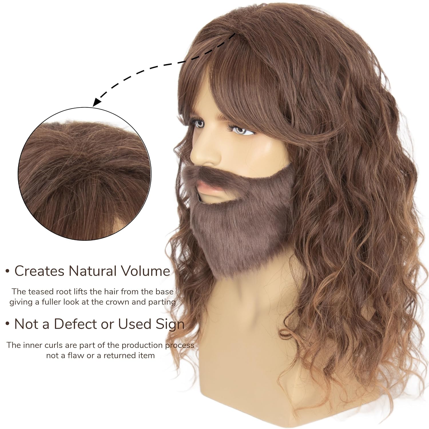 Yan Dream Long Curly Gradient Brown Wig and Bangs with Fake Beard Set for Men Cosplay Halloween