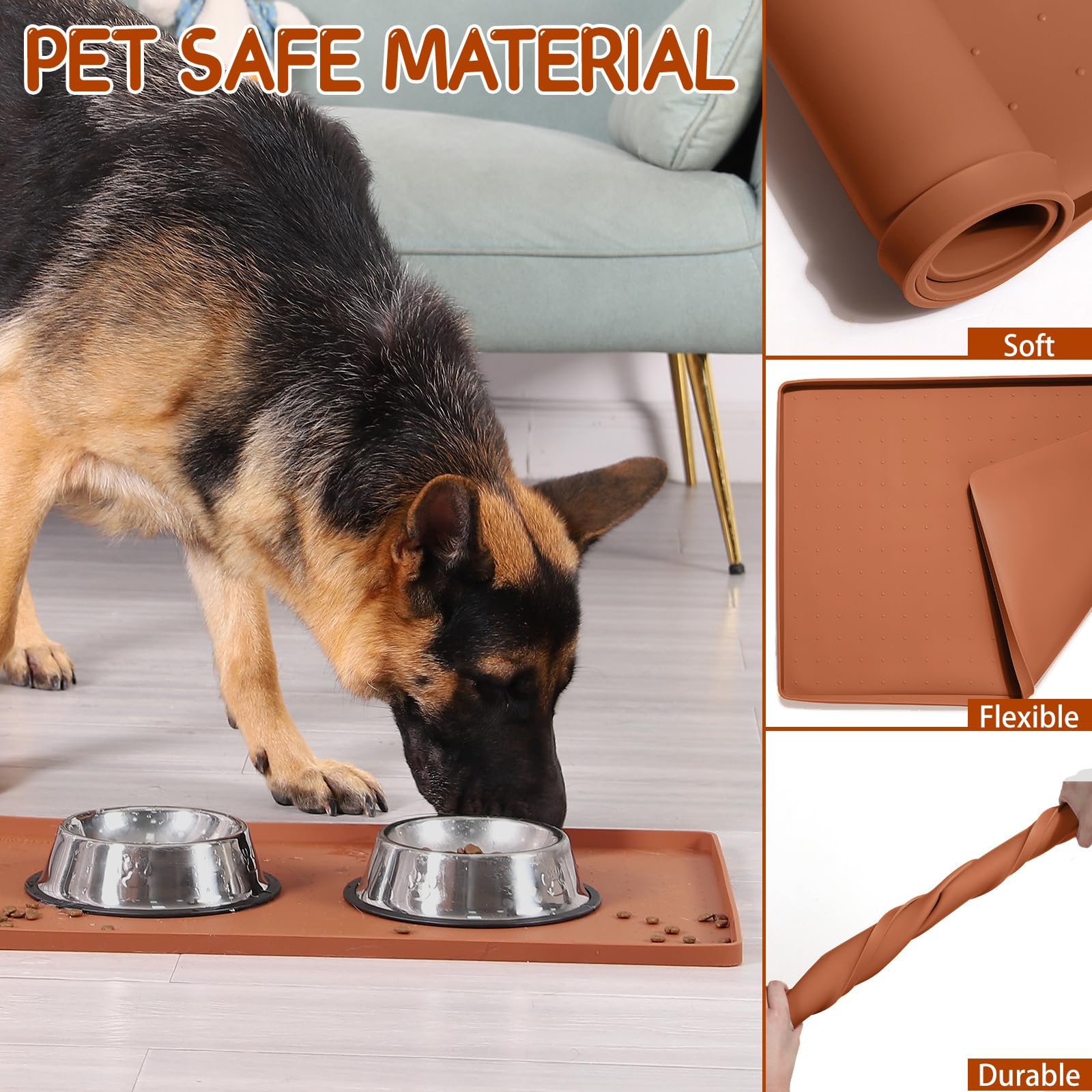 MateeyLife Tapis de Nourriture Marron pour Animaux de Compagnie 24 x 16 x 0,6 cm, Tapis d'Alimentation en Silicone Antidérapant pour Chien, Eau et Gamelle