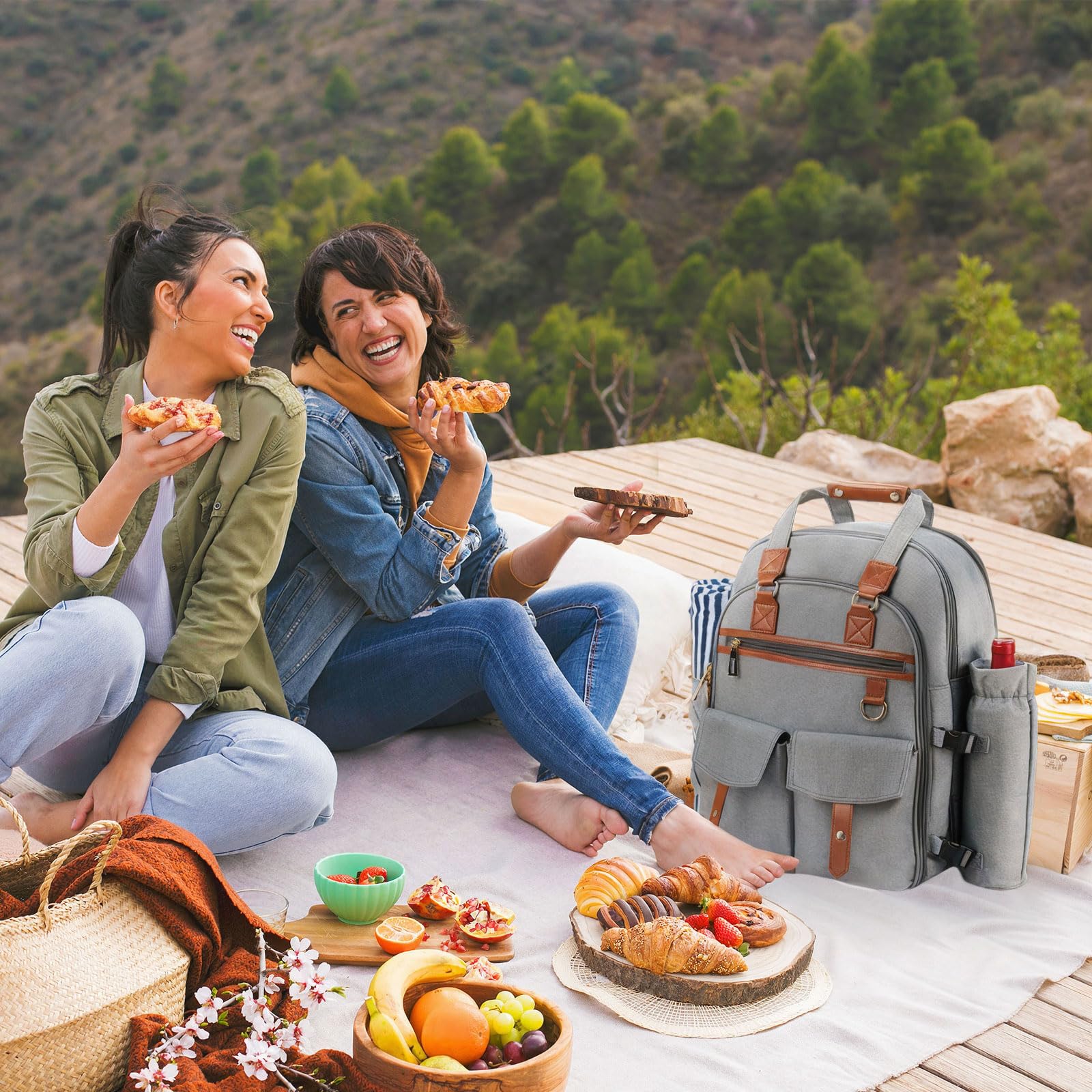Sac à Dos de Pique-Nique pour 4 Personnes, avec Compartiment Isotherme et Porte-vin, Couverture Polaire et Couverts, pour Camping, Plage, Voyages, randonnée, Accessoires, Gris Clair