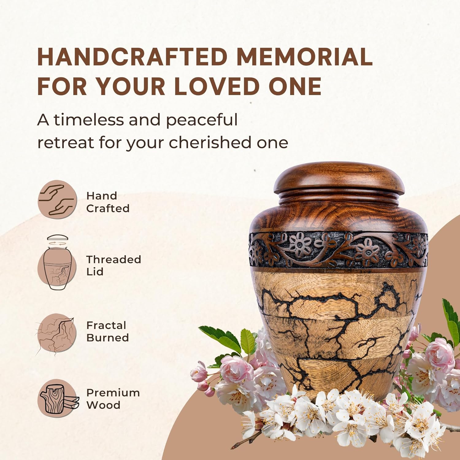 Cremation Urn for Human Ashes Adult Male or Female, Wooden Urn, Hand Carved Memorial, Large Adult Urn, Burial Urn, Wood Turned Casket for Men Women, Funeral Urn for Ashes (Keepsake 15 Cu/in) - Image 2