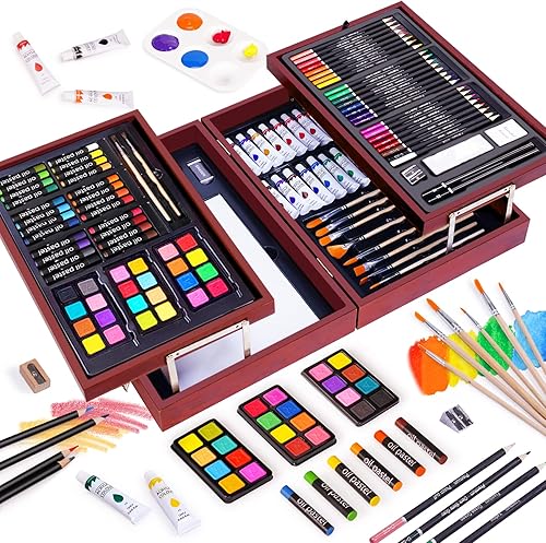 Juego de pintura de 124 piezas juego de arte en caja de madera portátil crayones pasteles al óleo lápices de colores pinturas acrílicas pasteles de