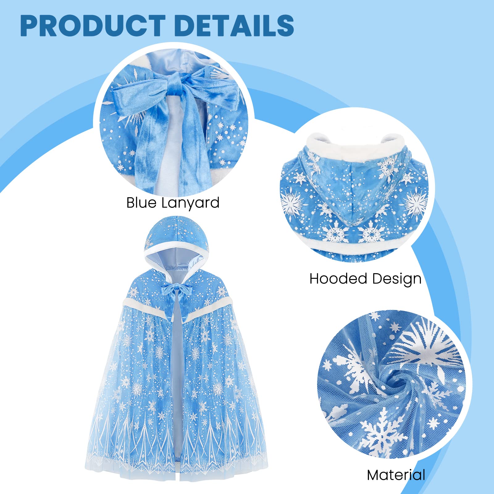 XEPST Mantello Principessa Bambina, Costume Principessa con Cappuccio Mantello Blu Della Principessa Accessorio Scialle Cape Ragazze da Costume Halloween Carnevale Cosplay Festa Compleanno Regalo