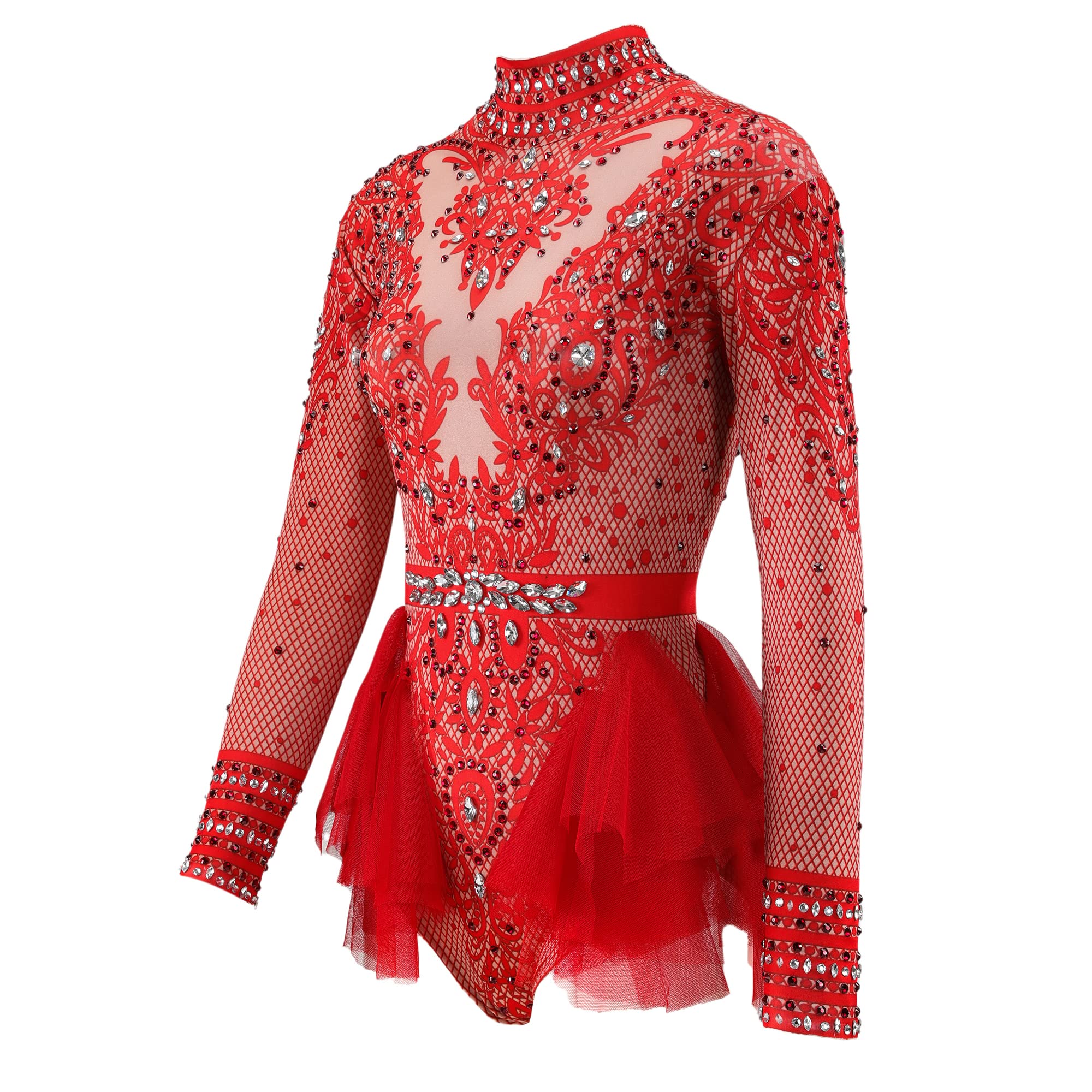 Roter Strass-Body, Tanzkostüm, für Damen, atemberaubend, langärmelig, Drag Queen-Outfit, sexy Club-Nachthemd-Jumpsuits