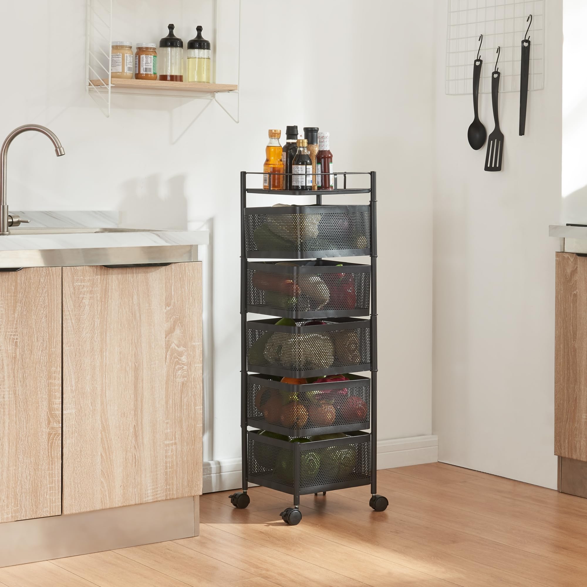 JAQ Panier de rangement pour légumes, panier à fruits rotatif à 4 niveaux avec roulettes, chariot de rangement de cuisine robuste en acier au carbone