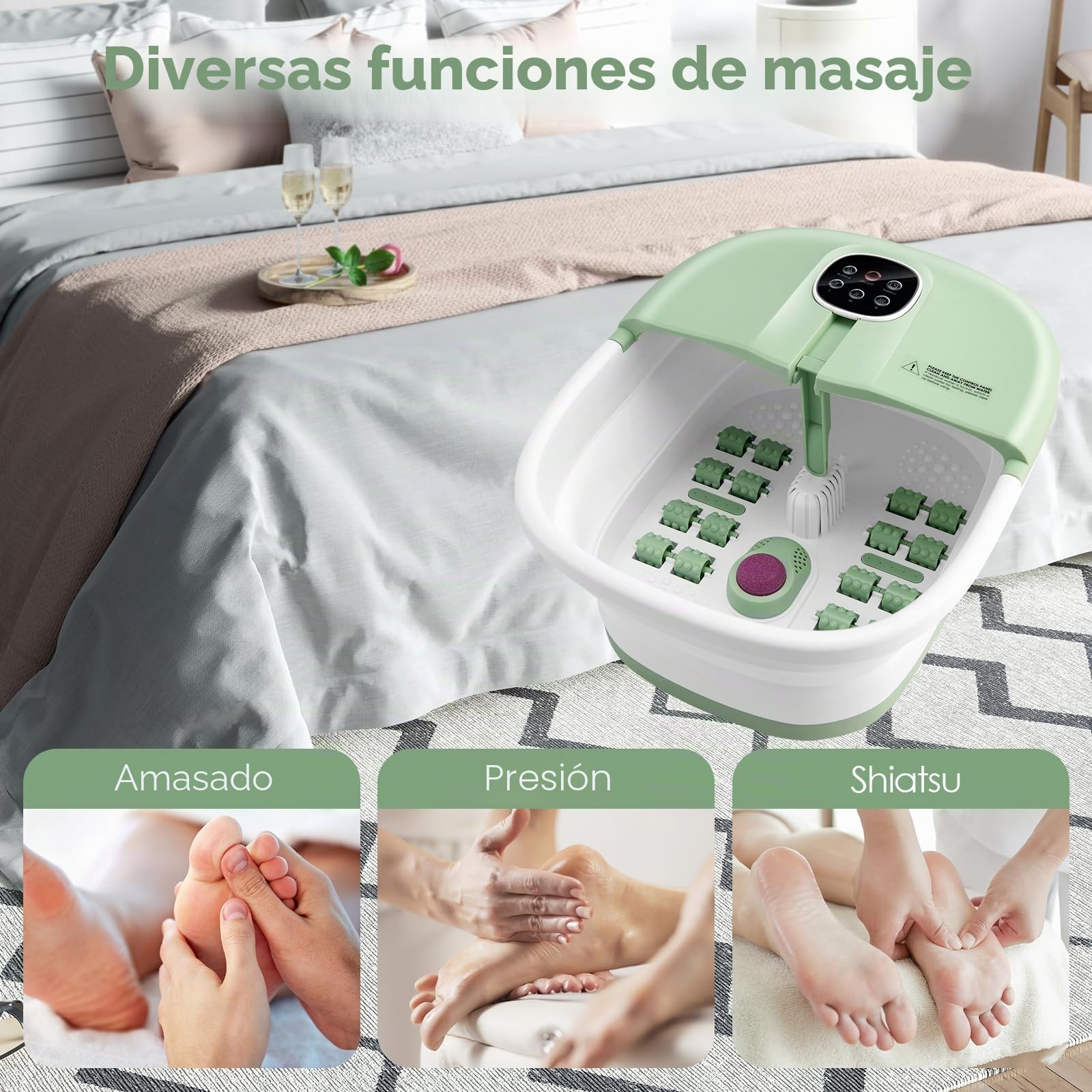 HOMASIS Bañera Spa Masajeador Plegable Para Pies con Calentamiento, Hidromasaje para Pies con Rodillos, Piedras Pómez y Temperaturas Ajustables 41/43/45 °C, Temporizador de 20/60 Minutos, 500W (Verde)