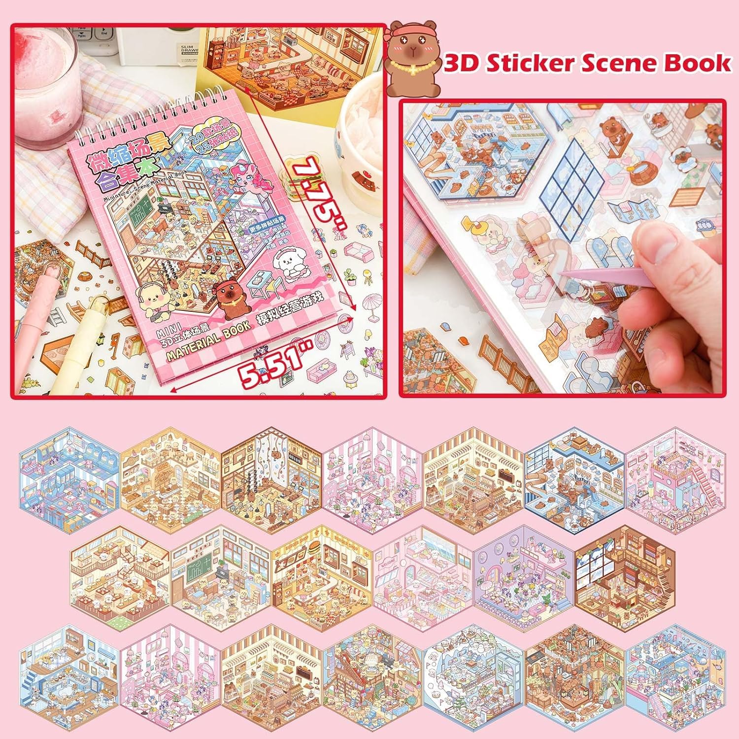 Scene Sticker Book for Kids,20 Sets of 3D Sticker Scenes for Adults Fun Mini Cute Kawaii Stickers Therapy 3D Scenes 3D House Stickers Set Relief Stress Pass The Time - Image 2