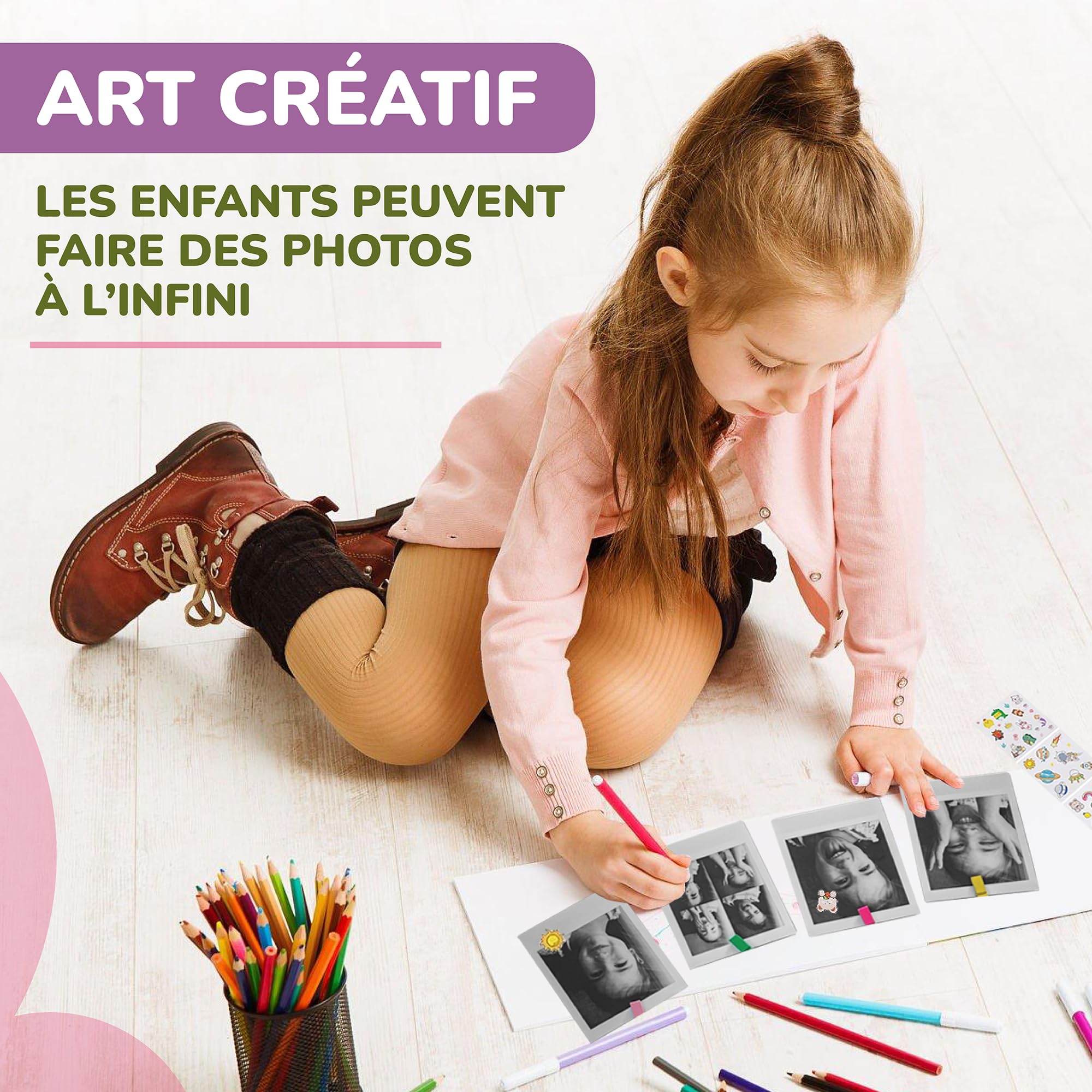 Appareil Photo Enfant Instantané Kawaii Ecran Couleur 12MP Photos Selfies Vidéos HD Carte 32 GB+Lecteur Carte+Rouleaux+Pack Art Créatif - Cadeau Fille