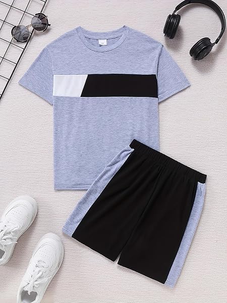 Ensemble t-shirt à manches courtes et short décontracté pour garçon, tenue quotidienne d'été douce et confortable, 2 pièces - 2
