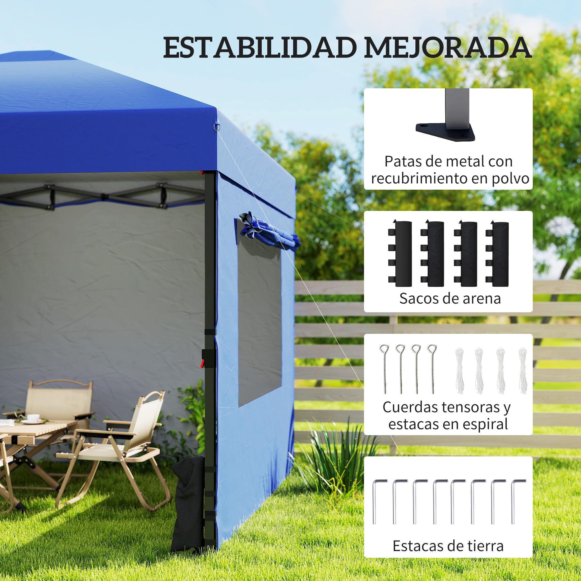 Outsunny Carpa Plegable 3x3 m Pop-up con 3 Paredes Laterales UPF50+ Azul | Cenador Pabellón de Jardín, 2 Ventanas Malla, Altura Ajustable 3 Niveles, Bolsa Transporte, Sacos Arena, Gazebo Exterior