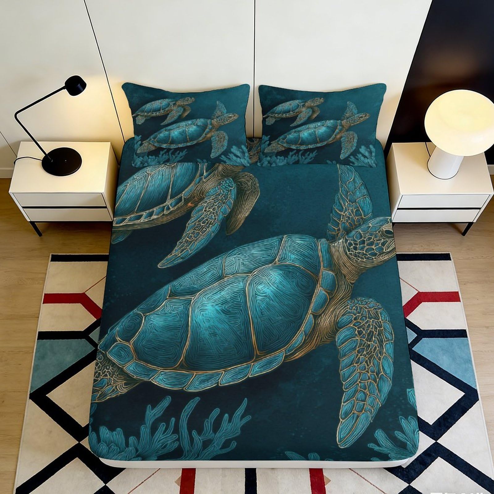 3D Printed Sea Turtle Fitted Sheet Microfiber Deep Pocket Non-Slip Bedroom Bedding Ocean Mattress Fitted Cover Elastic Hem Washable 90x200x25cm