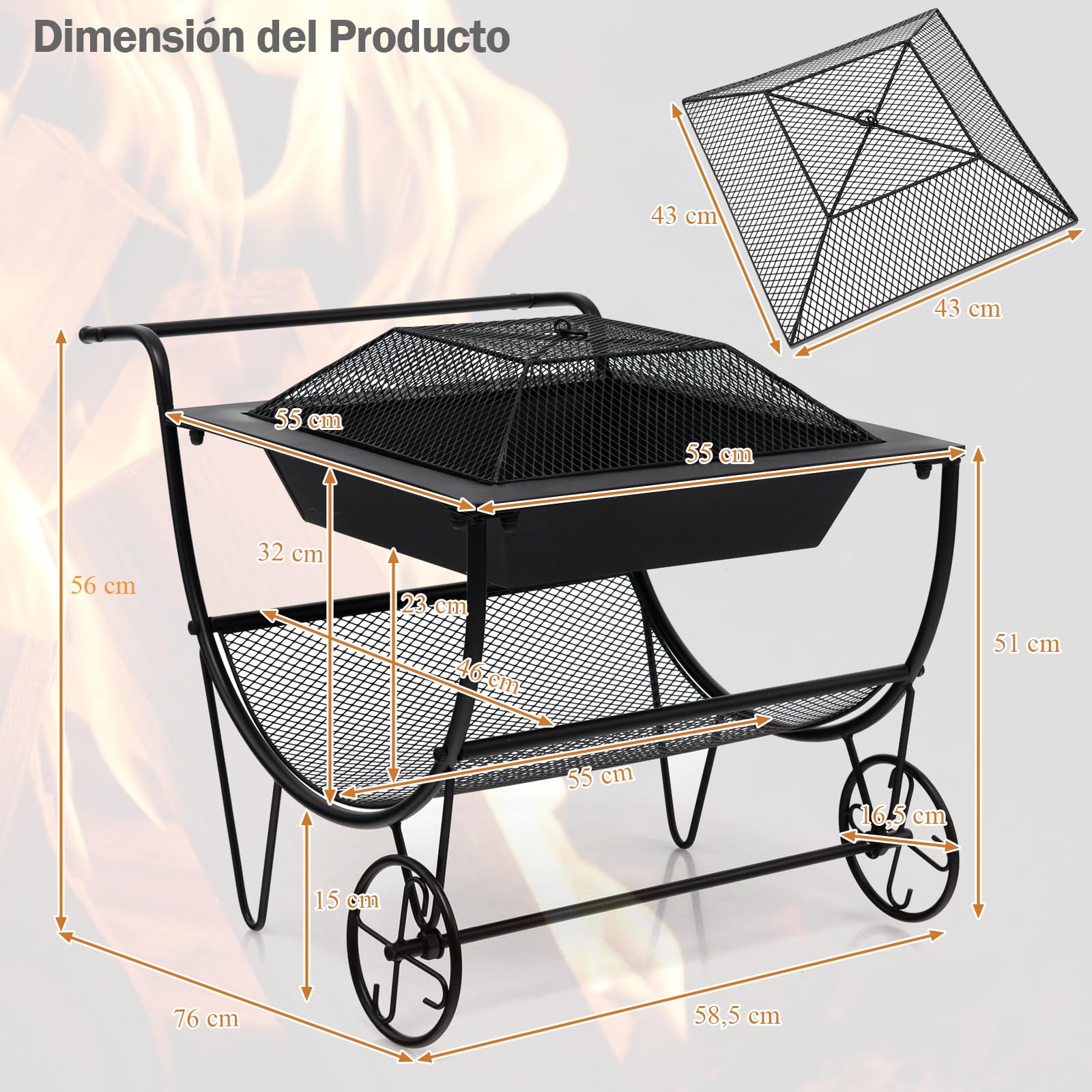 GYMAX Chimenea con Ruedas, Estufa de Leña para Terraza con Estante de Almacenamiento, Bandeja de Fuego, Brasero Exterior Jardin Portátil para Leña para Hogueras, Camping y Picnic, Negro