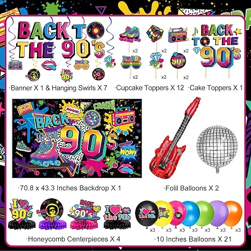 Miniatura 2 de Las decoraciones de fiesta de los años 90 incluyen telón de fondo de los años 90, globos de aluminio y látex, adornos para pasteles y cupcakes,