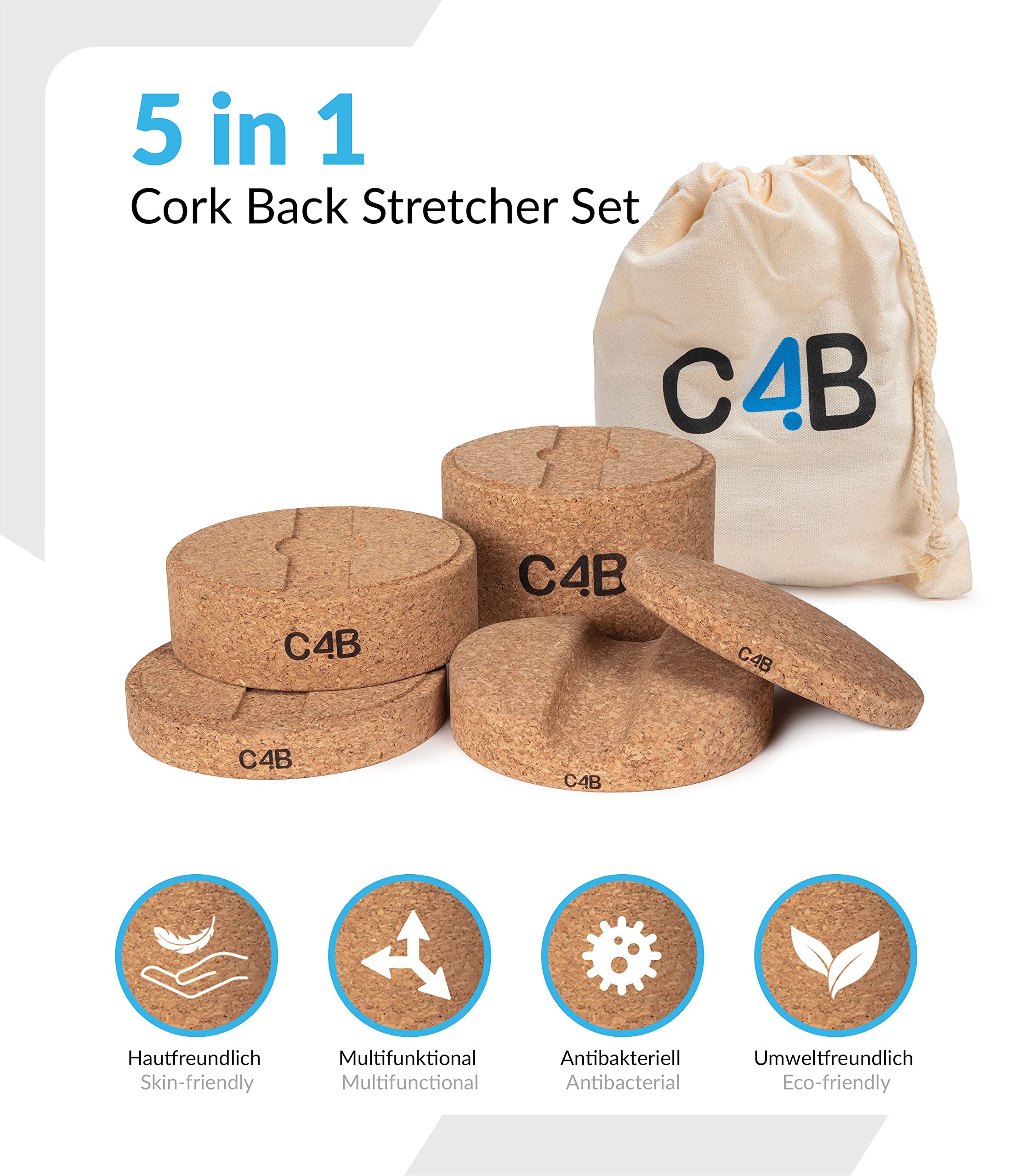 C4B Set Per Estensione Schiena in Sughero | Stretching Schiena, Colonna Vertebrale e Petto | Estensore Schiena con Altezza Regolabile | con Borsa da Palestra in Cotone