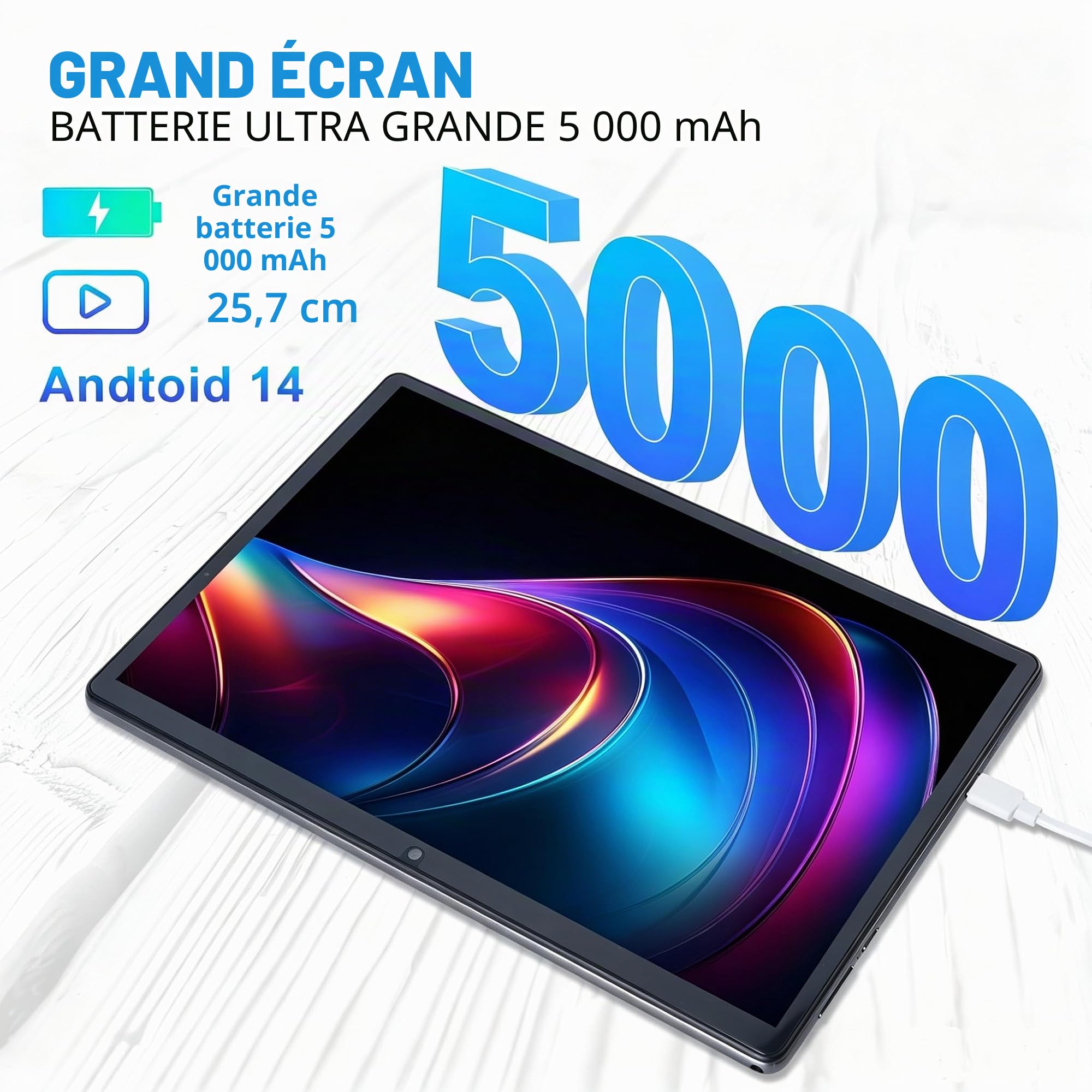 Tablette Enfant 10 Pouces Android 14 - Rebeat A5 Processeur Quad-Core 1,6 GHz, 6 Go de RAM, 64 Go de ROM Extensible jusqu'à 1 to, écran Tactile LCD HD 1280 x 800, Double caméra, Wi-FI 6.0, BT 5.0