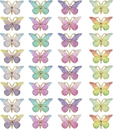 32 dijes de mariposa coloridos únicos con parte trasera plana, manualidades, resina de mariposa, joyería para hacer joyas, collares, aretes,