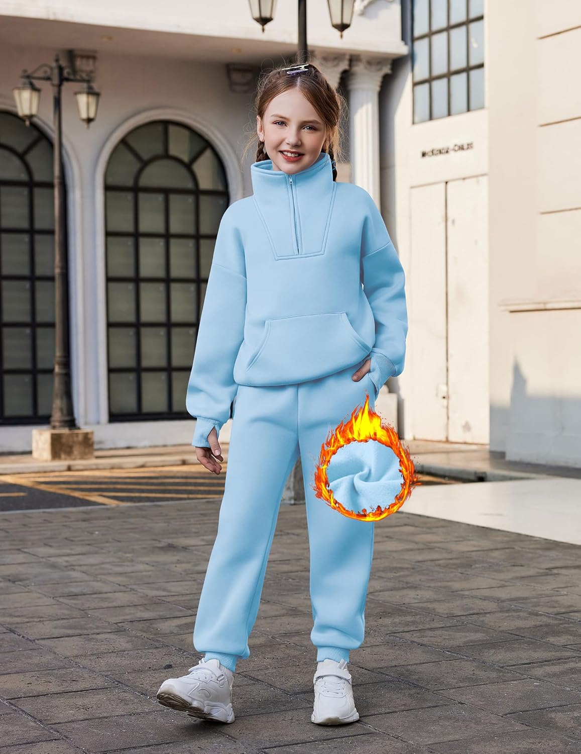 Zaclotre Girls Sweatsuit 2 Piece Outfits Fall Winter Fleece Half Zip Thumb Hole Sweatshirts and Sweatpants Joggers Set - Image 2