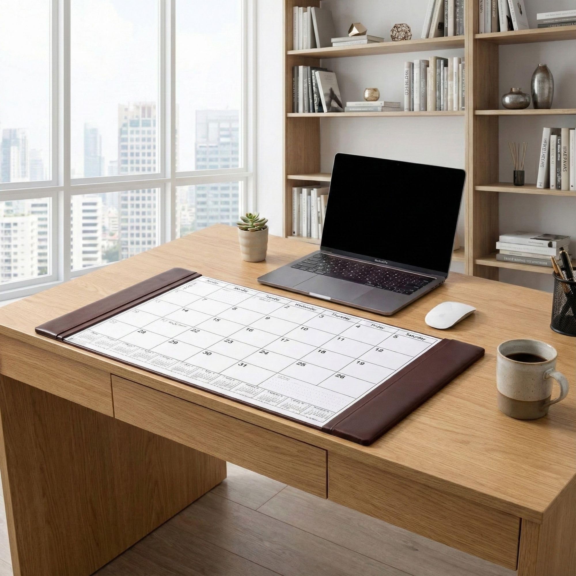 Dacasso Leather Calendar Desk Pads Kalenderblock, Hochwertiges genarbtes Leder, Schokobraun, 34x20